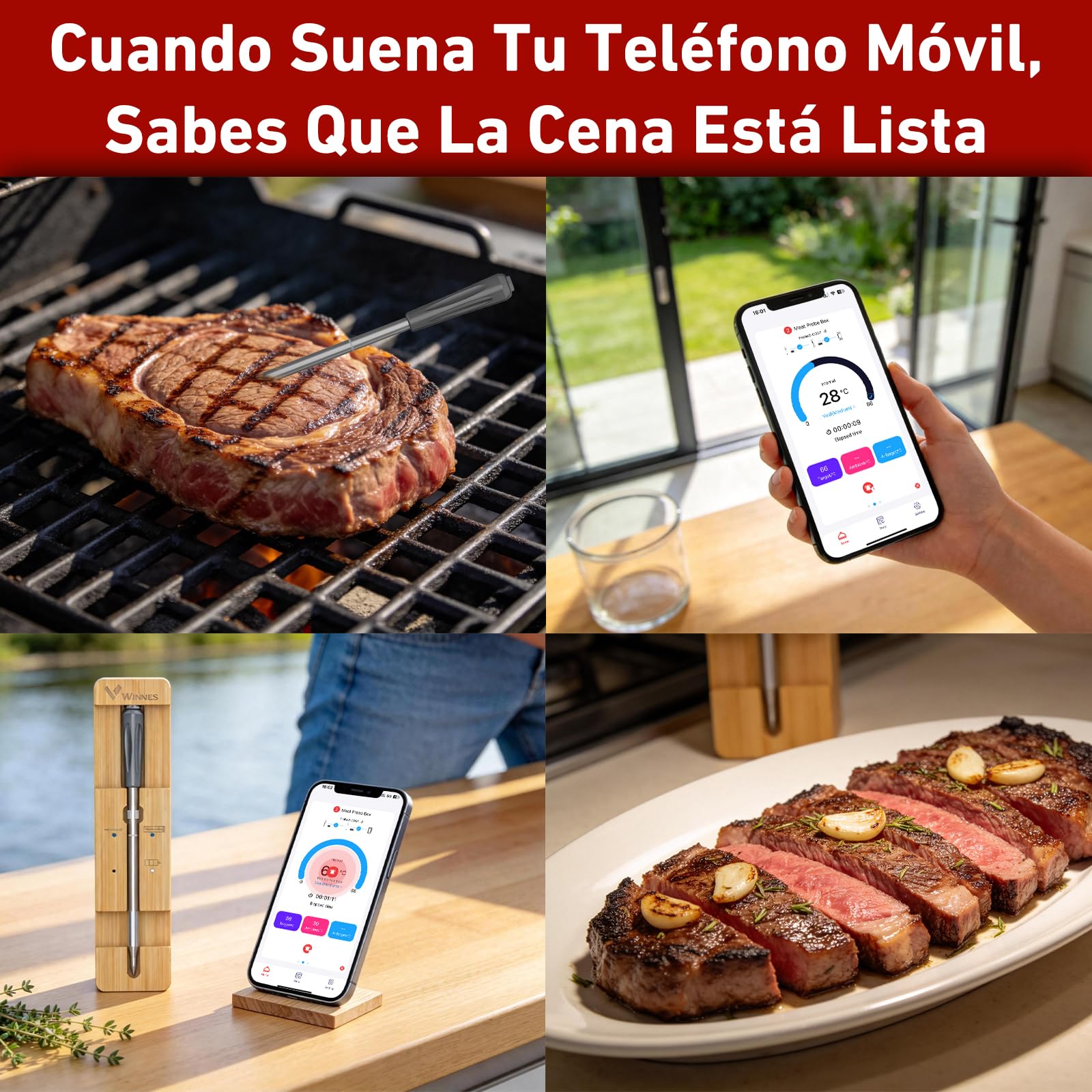 Termómetro para Carne Inalámbrico de 100 m con Sonda de 12,5 cm, Monitor de Temporizador y Alarma, IP67 Impermeable Meat Thermometer, Termómetro de Cocina para Barbacoa, Horno, Grill, Freidora Aire