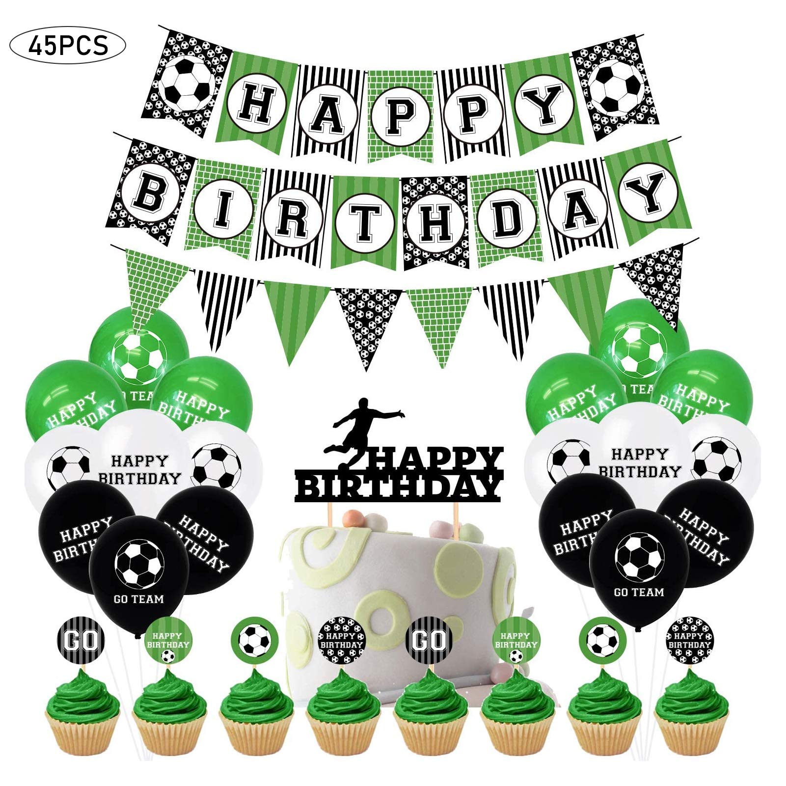 JOLIGAEA 45Pcs Football Birthday Party Decoration, Happy Birthday Banner, Football Pennant, Balloons, Cake Card, Cake Toppers for Kids Boys Soccer Themed Birthday Party Supplies Decoration