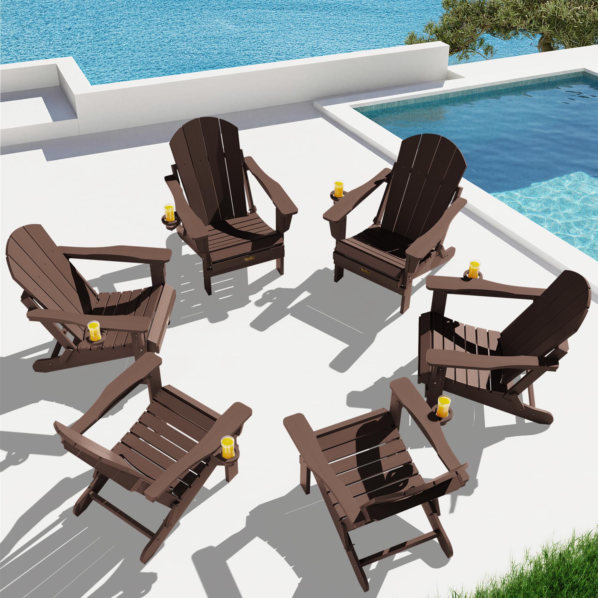 SERWALL Folding Adirondack Chair Set of 6,Lawn Chair with Cup Holder-Coffee