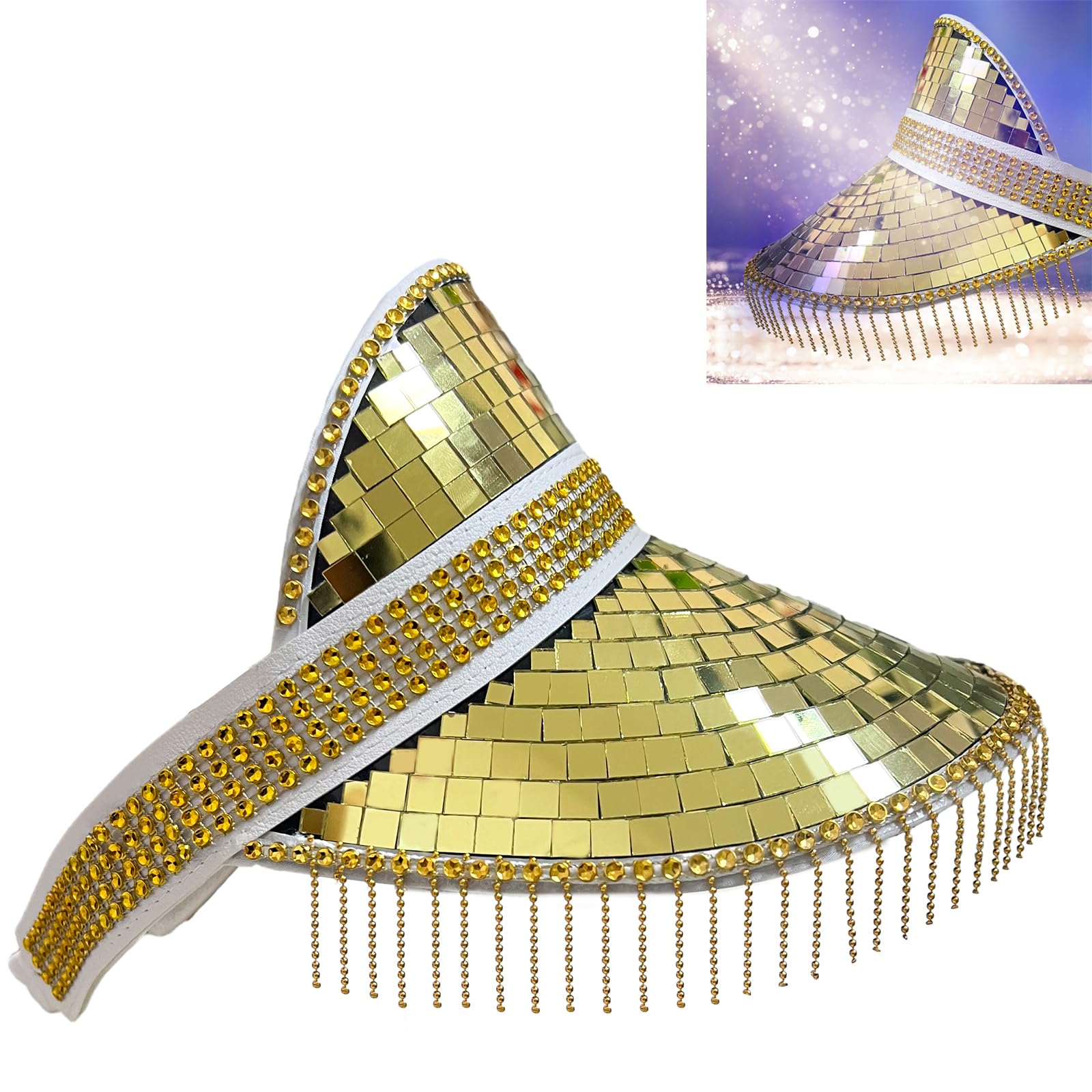 Photo 1 of MACADAM Disco Ball Sun Visor Hat for Women Men, Glitter Mirror Visor Cap, Disco Bucket Hat, with Diamond Fringe