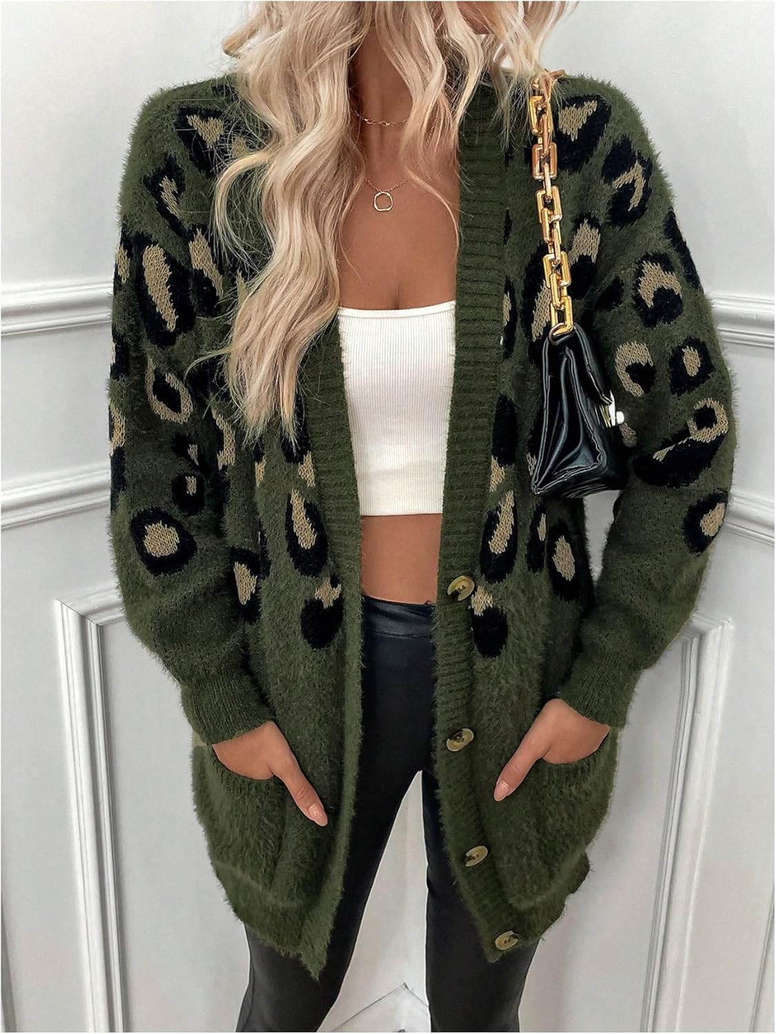 OYOANGLE Women's Cheetah Print Fuzzy Cardigan Sweater Leopard Button Down Draped Sweaters with Pocket - Image 5