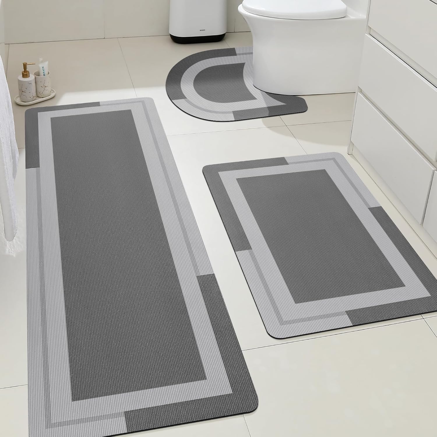 Ultra Thin Bath Mat, Upgrade Backing Non Slip Thin Bath Mats Fit Under Door, Quick Dry Ultra Absorbent Bathroom Rugs, Machine Washable Bath Rugs for Bathroom, Bathtub & Kitchen, Grey/Bordered/3 Piece