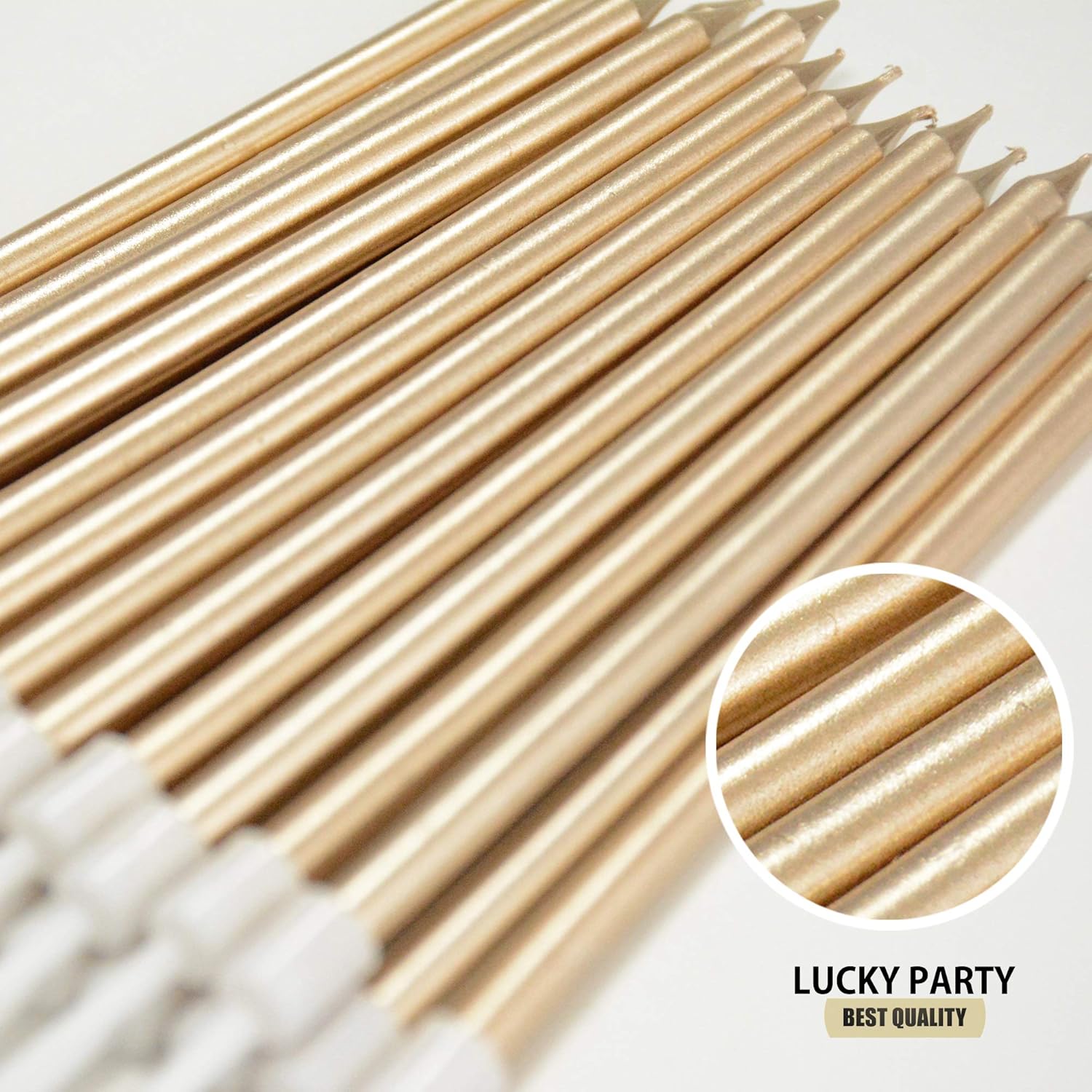 24 Count Birthday Party Long Thin Cake Candles Metallic Birthday Candles in Holders for Birthday Cakes Decorations , Champagne Gold by Lucky Party : Home & Kitchen