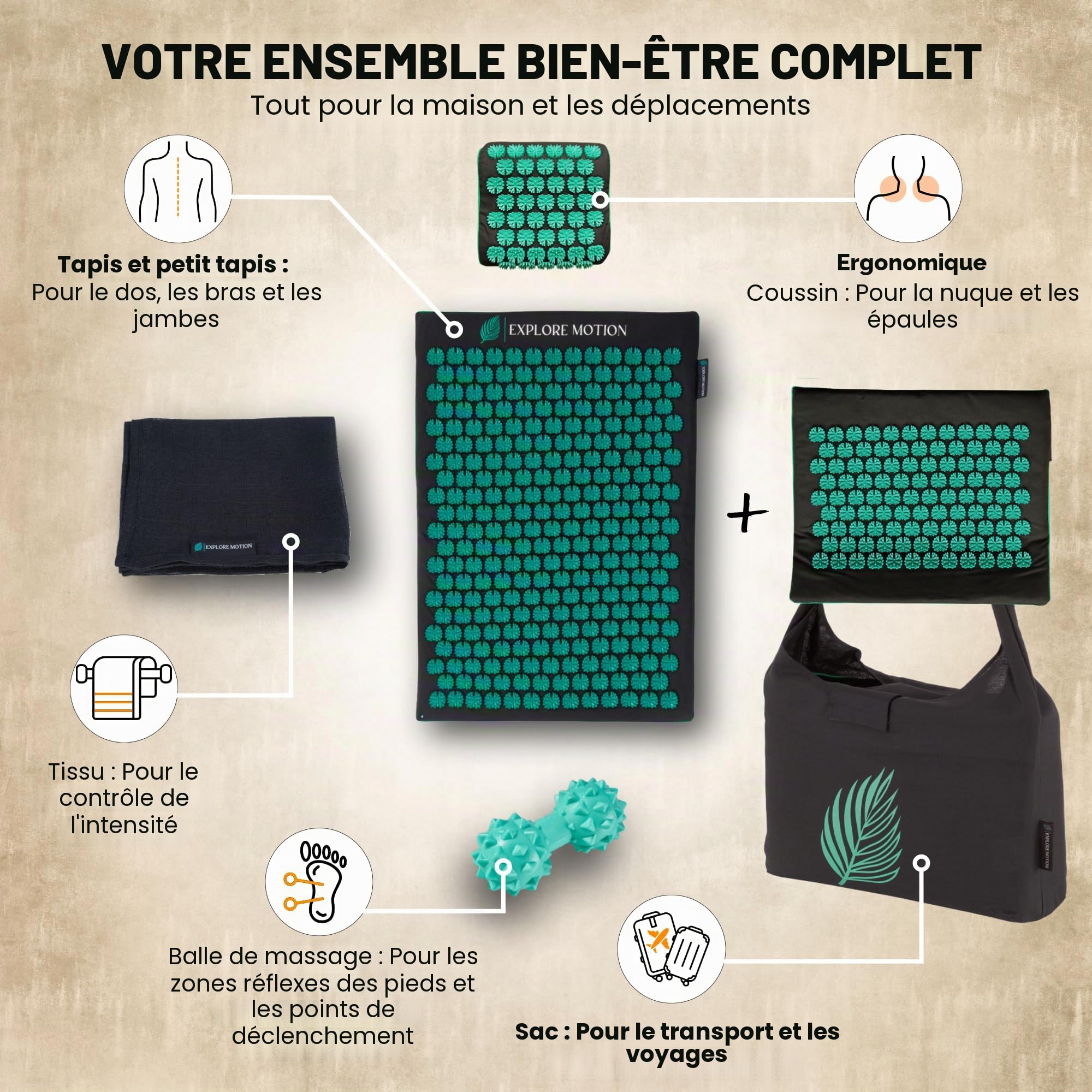 Tapis d'acupression original 6 en 1 - Set de qualité supérieure en fibres naturelles - Massage du dos et du cou contre le stress et les tensions - Avec coussin et balle de massage