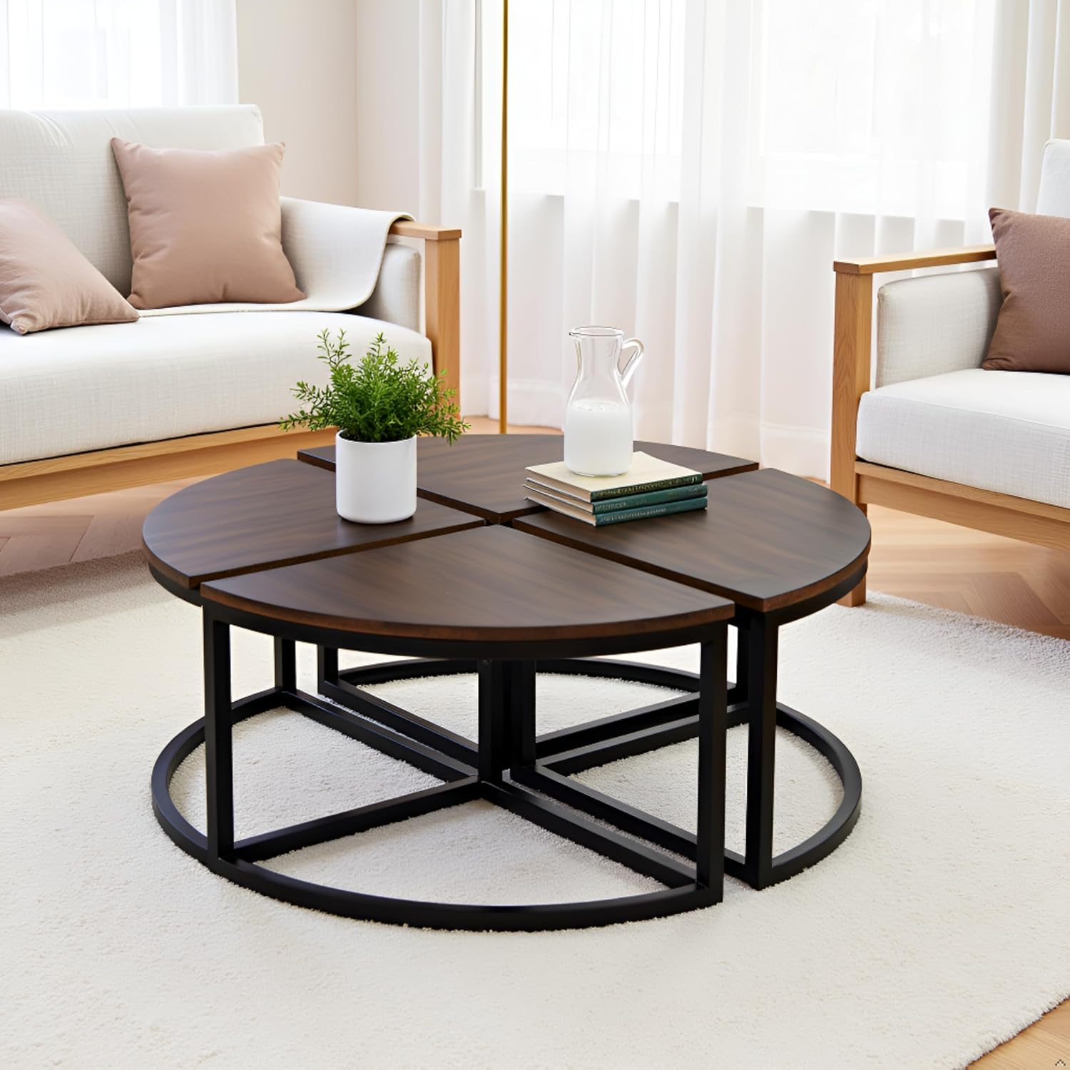 Alaterre Furniture Arcadia Round Acacia Wood Nesting Tables – 4-Piece Modular Wedge Coffee Table Set with Industrial Metal Legs – Living Room Accent Tables with Space-Saving Design (Antiqued Mocha)