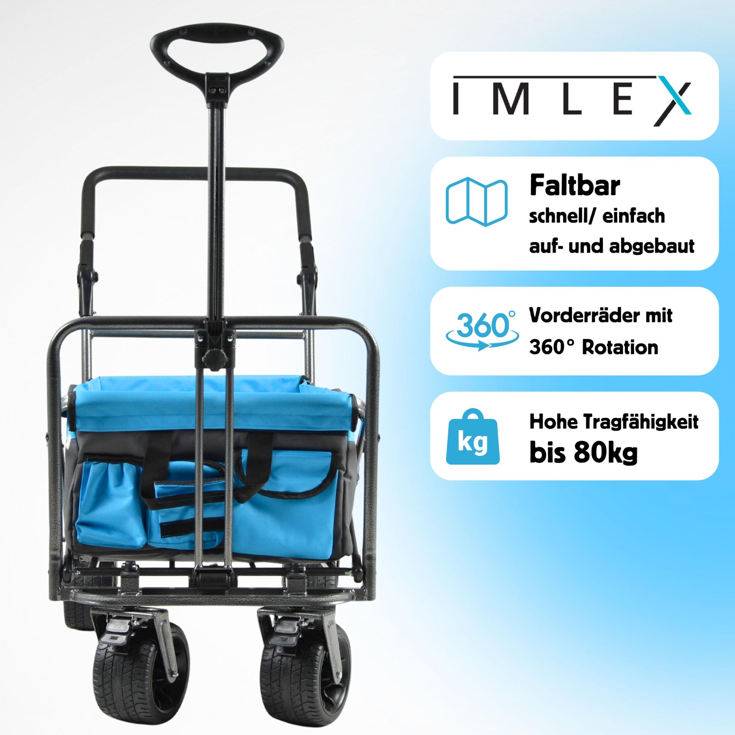 IMLEX Bollerwagen IM-4275 faltbar Azurblau Bollerwagen klappbar mit Schiebegriff Transportwagen mit 3-Punkt-Gurtsystem