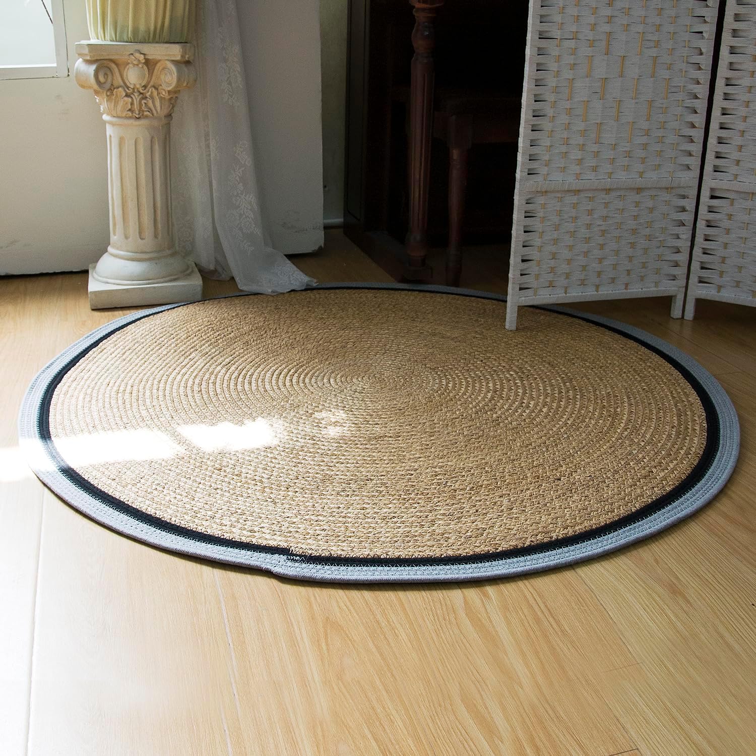 Furnnylane Handwoven 4 ft Round Natural Rug - Blue Cotton & Water Hyacinth Blend, Chemical-Free Boho Area Rug for Small Spaces, Durable, Low-Maintenance Mat for Bedroom, Living Room Corner or Entryway