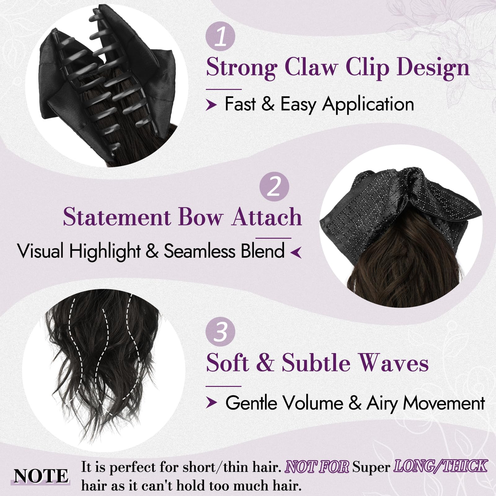 BARSDAR Coleta Postiza Extensiones Pelo, 45cm Bow Pinza Garra Ondulado Negro Marrón Cola de Caballo Extensiones para Mujeres Aspecto Natural Ligeras Sintética Ondulado Negro Marrón Ponytail Postizos