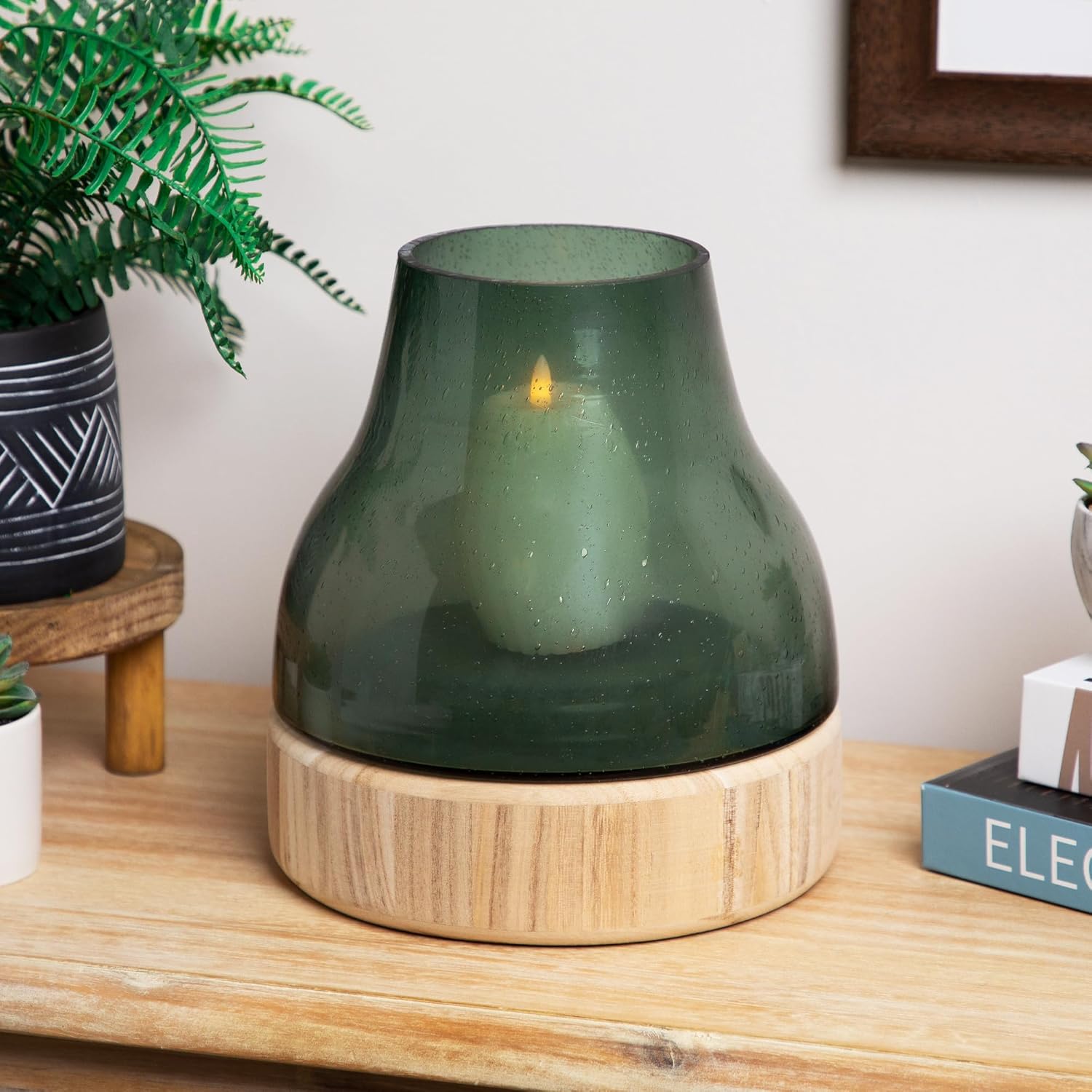 Northlight 7.75" Storm Gray Bubble Glass Pillar Candle Holder with Wooden Base