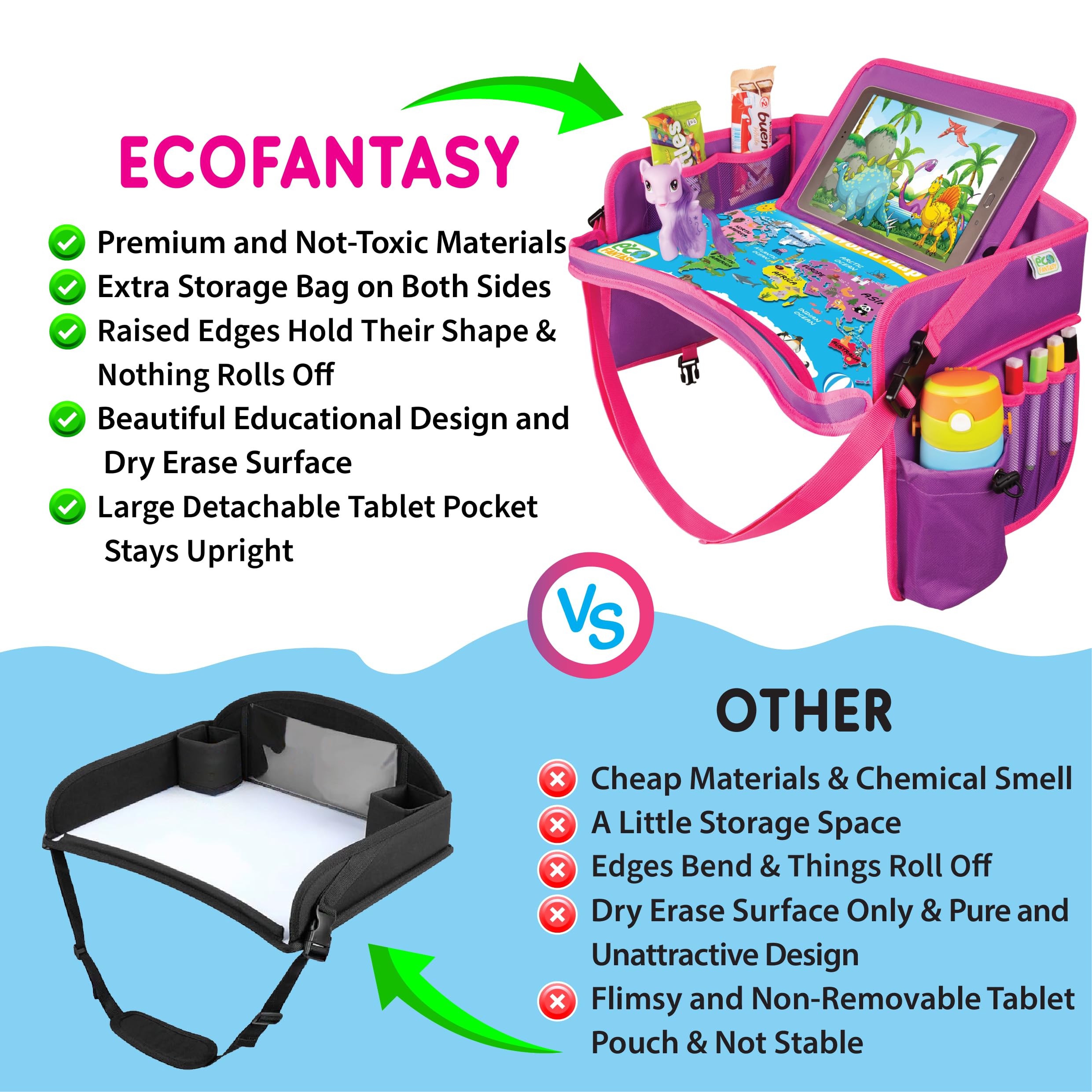 ECOFANTASY Bandeja de asiento de coche para niños y mesa de viaje con