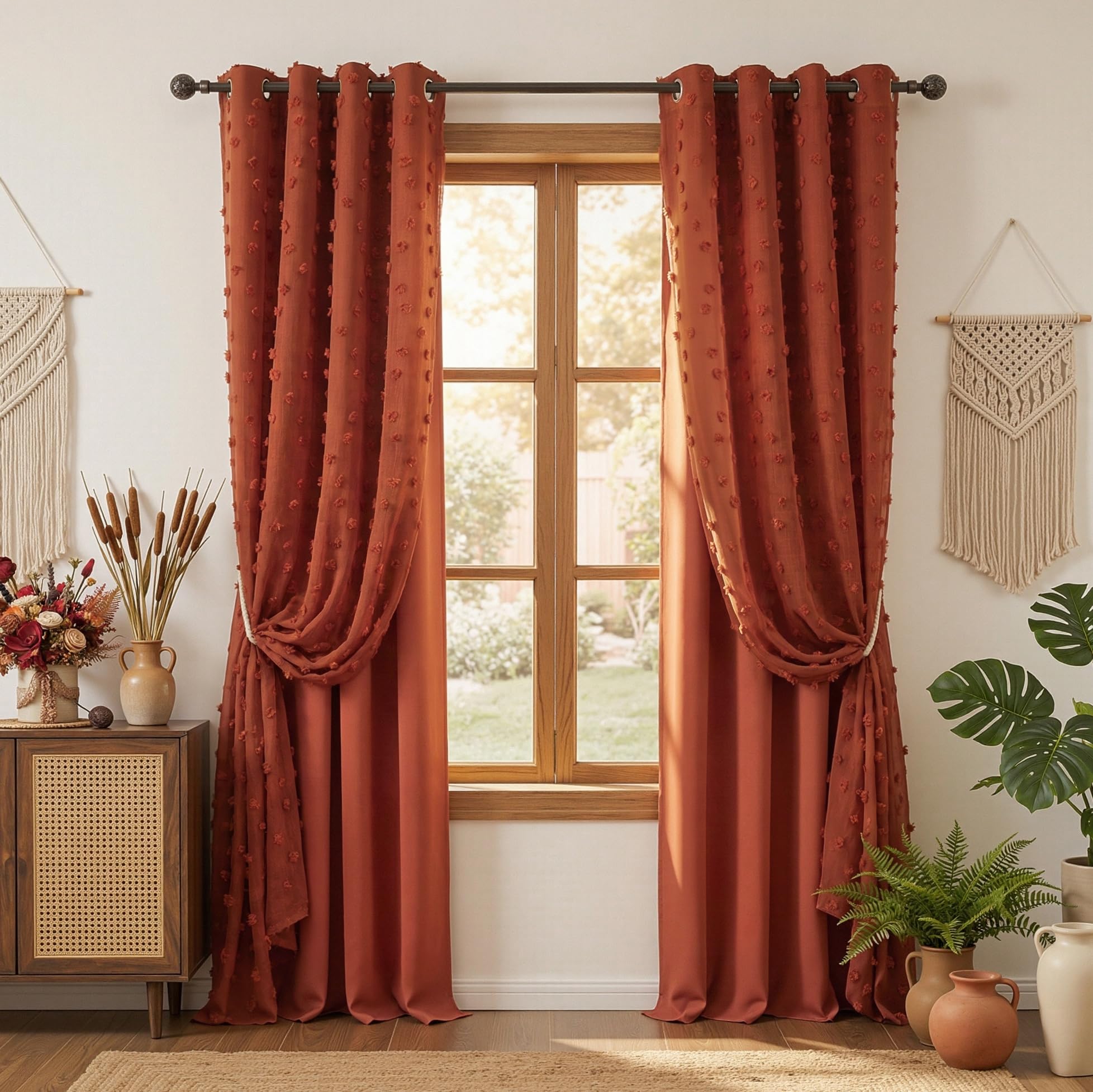 MYSKY HOME Terracotta Blackout Curtains for Living Room 84 Inches Long Boho Curtains Double Layer Burnt Orange Pom Pom Sheer Overlay for Toddler Grommet Privacy Window Drapes 52" x 84", 2 Panels