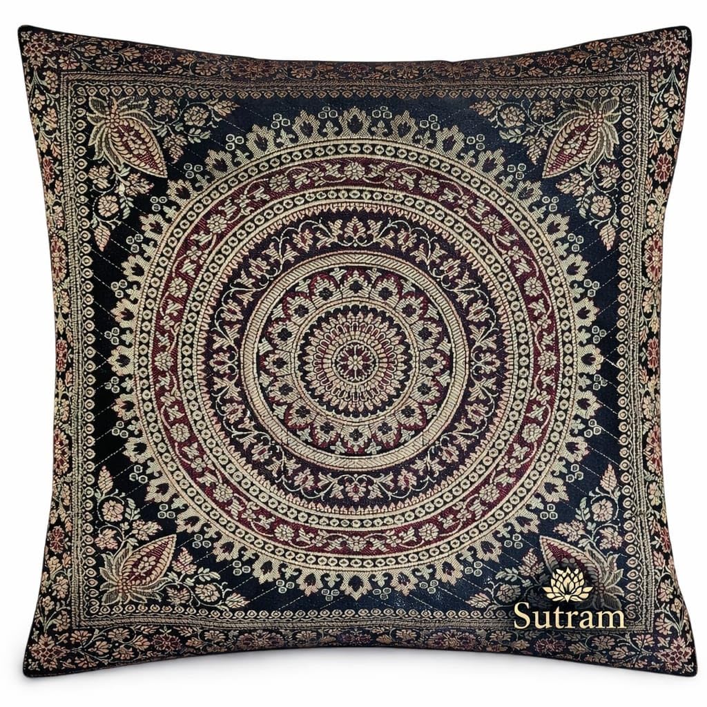 Original Kikan Black Indian Patchwork Mandala Sari Ethnic Silk Banarsi Cushion Covers Mandala 16"X16" (Black)