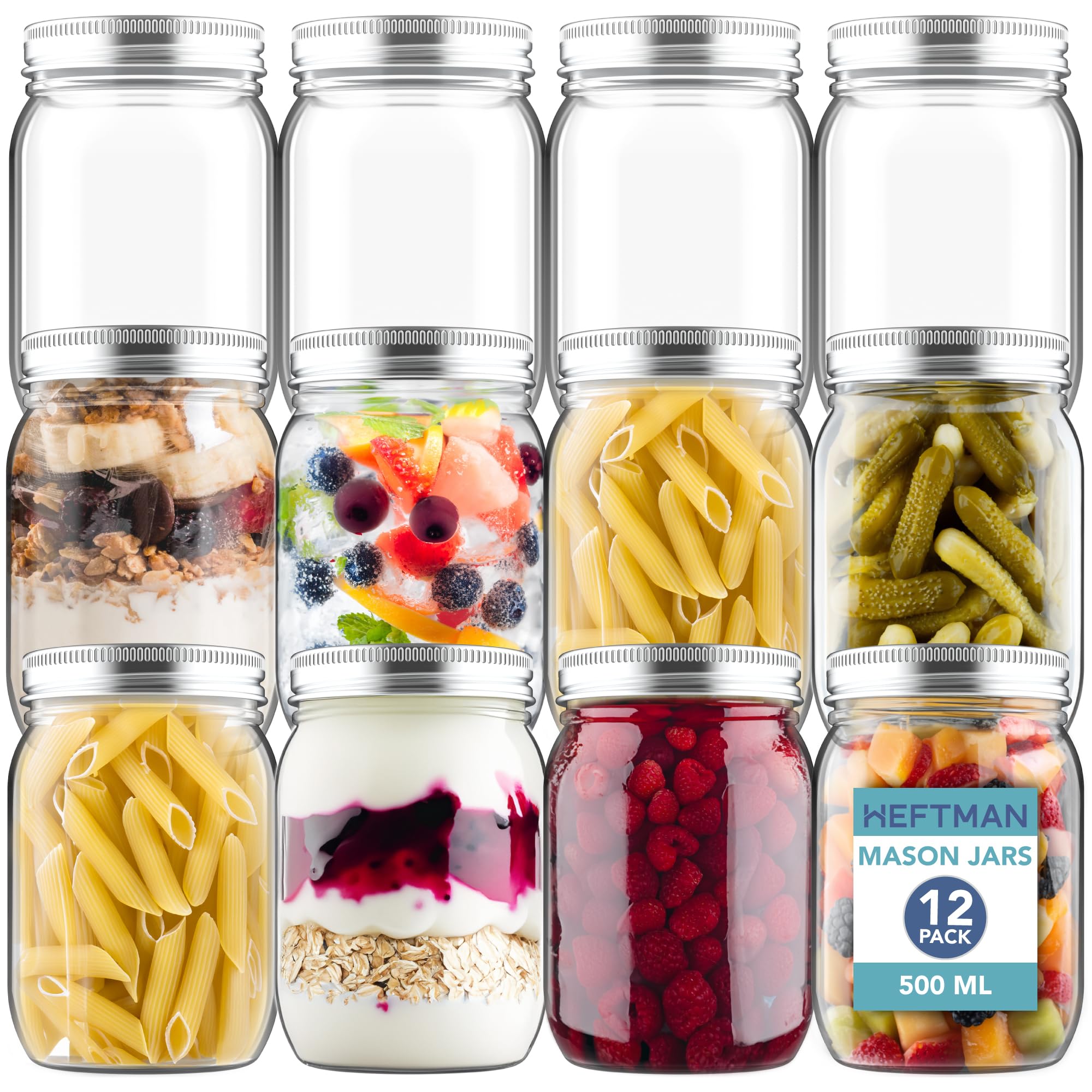 Heftman Silver Glass Mason Jars With Lids - Set Of 12 500Ml Air Tight Jars For Overnight Oats, Homemade Jam - Sturdy Glass Jar With Lid For Honey, Pickling, Preserving, Baby Food Storage (500Ml) 12500Ml