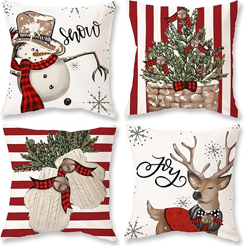ONWAY Juego de 4 fundas de almohada de rayas navideñas de 18 x 18 pulgadas, juego de 4 fundas de almohada de muñeco de nieve y renos con rayas