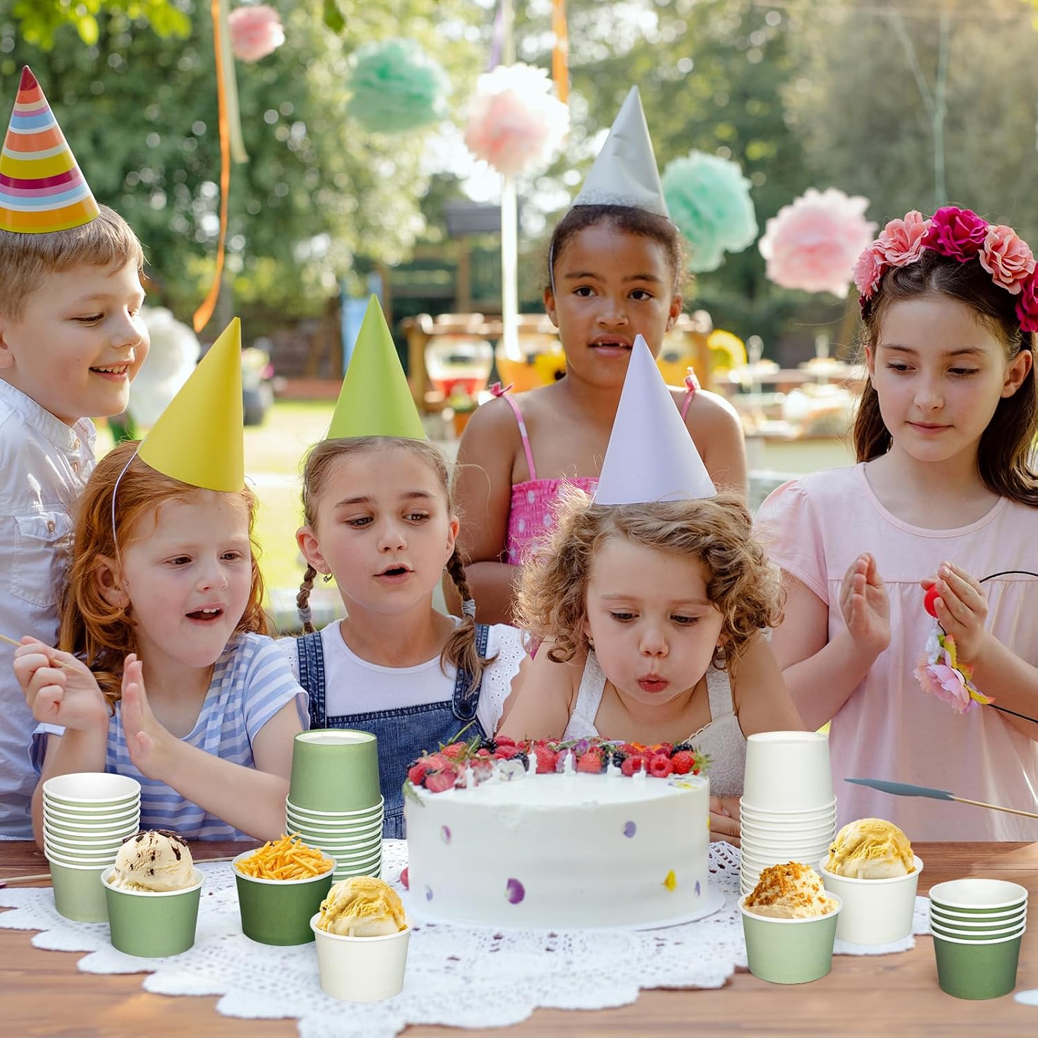 JarThenaAMCS 48 Packs 9oz Sage Green Snack Cups Gradient Solid Green Disposable Bowls Dessert Food Treat Paper Bowls for Wedding Baby Shower Party Supplies, 4 Colors