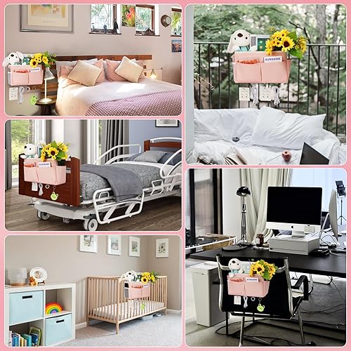 Miniatura 5 de Retyion Bolsa de almacenamiento para mesita de noche con 4 ganchos, organizador colgante multifunción para cabeceros, literas, cama de hospital