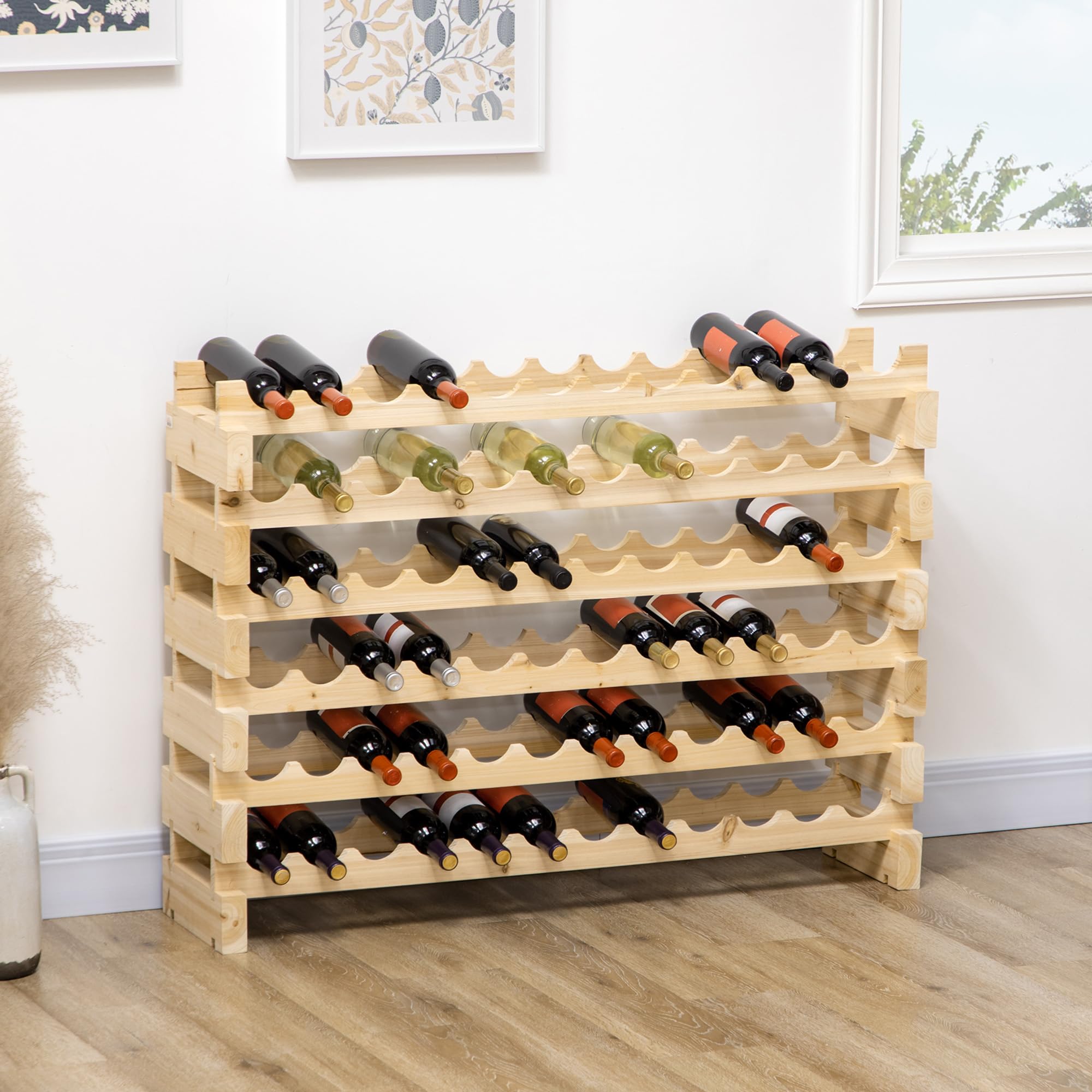 HOMCOM Casier à Bouteilles pour 72 Bouteilles 114x28x85cm Bois Naturel | Étagère à Vin 6 Niveaux Modulable Superposable, Bois de Sapin Massif, pour Cave Bars Sous-Sols
