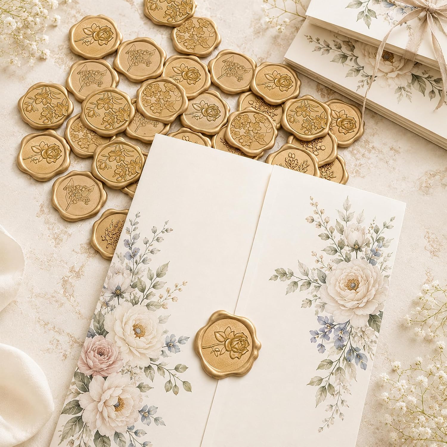 80Pcs Wax Seal Wedding Stickers, Light Gold, 1.2Inch, 4 Styles