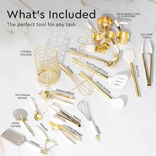 Miniatura 2 de Juego de utensilios de cocina blancos y dorados, 23 piezas de accesorios de cocina de lujo blanco y dorado, incluye tazas medidoras y cucharas