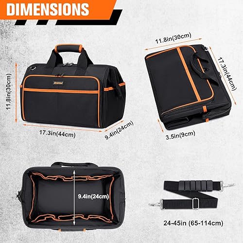 Miniatura 2 de Bolsa de herramientas resistente de 17.3 pulgadas, bolsas de herramientas grandes de 26 bolsillos para hombres y mujeres con correa de hombro