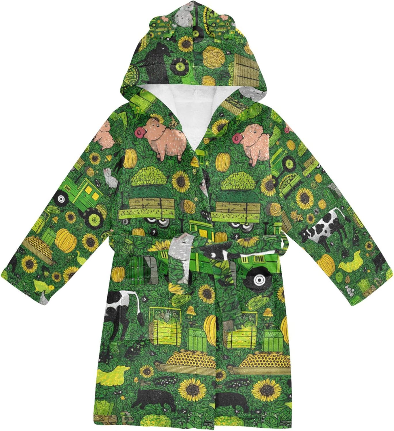 Farm Animals Cow Tractor Cars Green Bathrobe Hooded PJ Robe Soft Fleece Robe Pajama Sleepwears 2-12 Years