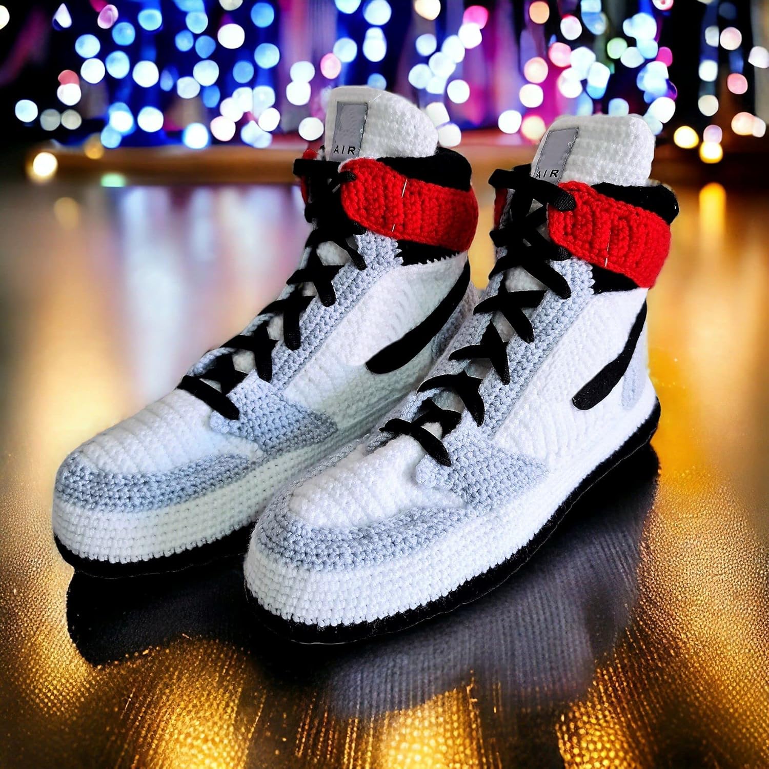 Handmade Smoke Gray Crochet Jordan-Style Sneaker Slippers for Men and Women, Retro Basketball Organic Cotton Wool Plush Shoes, Non-Slip Cozy Indoor Boots