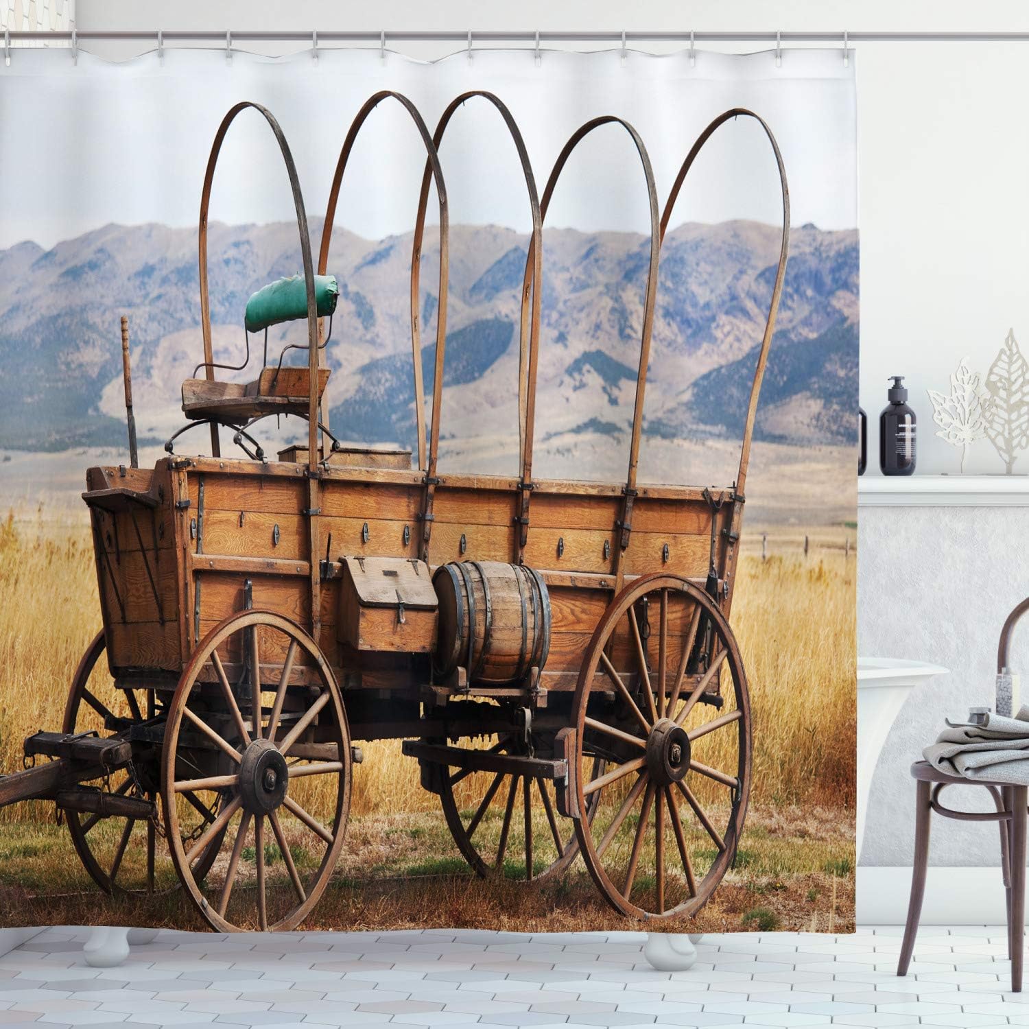 Ambesonne Western Shower Curtain, Photo of Old Nostalgic Wild West American Cart Carriage in The Farm Texas Style, Cloth Fabric Bathroom Decor Set with Hooks, 69" W x 70" L, Brown Yellow
