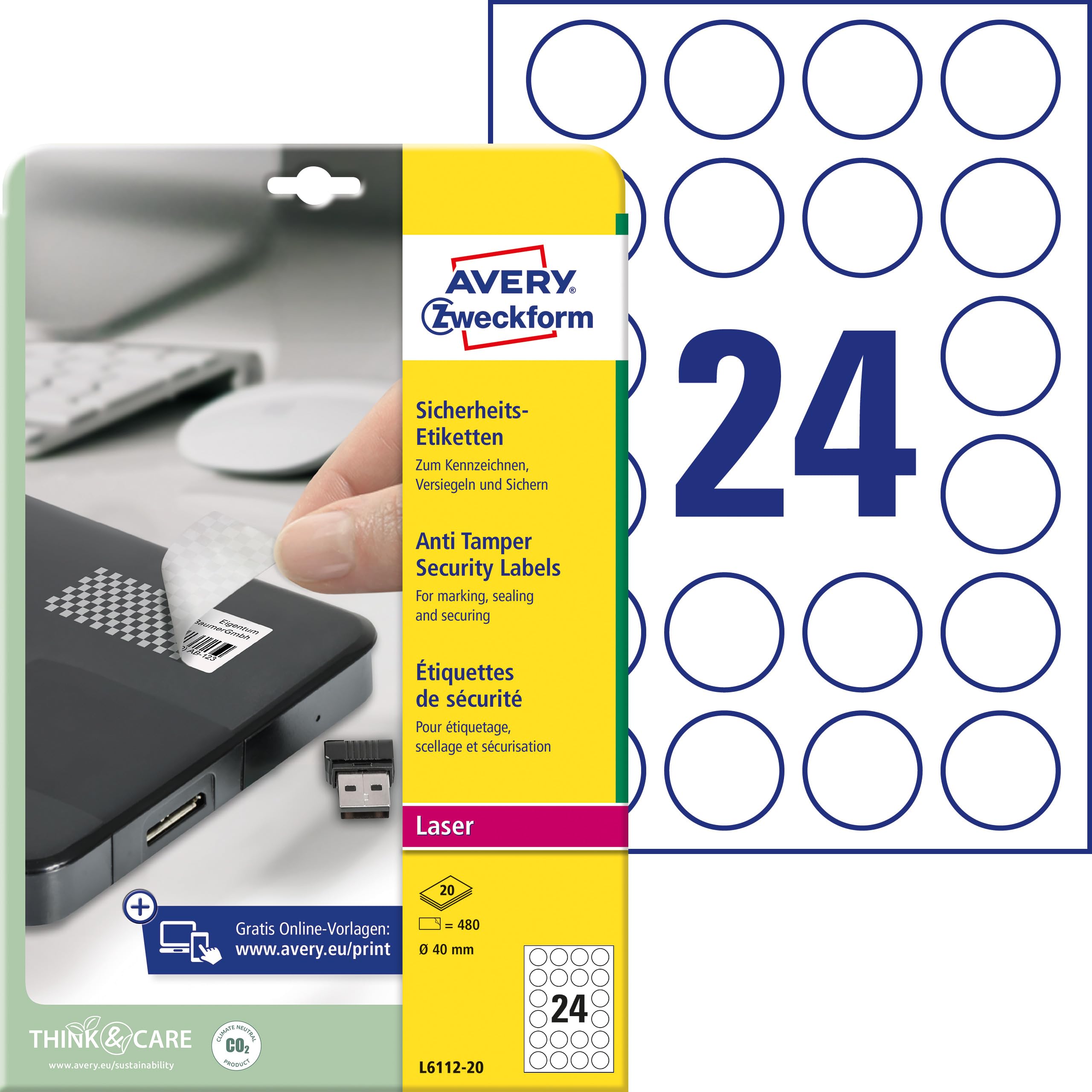 AVERY Zweckform L6112-20 Sicherheitsetiketten (480 Folienaufkleber, Ø40mm auf A4, stark selbstklebend, fälschungs-/manipulationssicher Sicherheitsfolie, bedruckbare Klebefolie) 20 Blatt, weiß