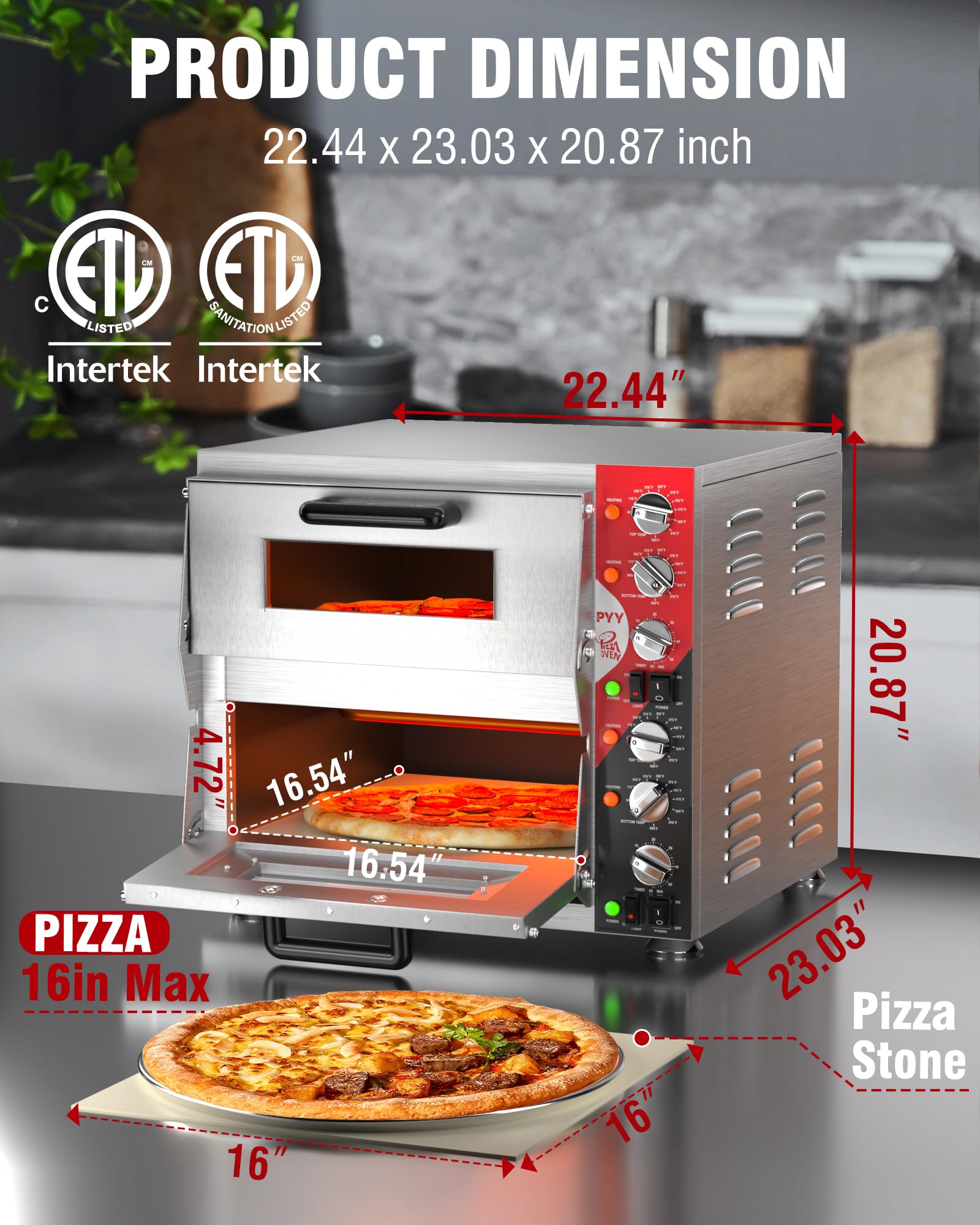 PYY 16 Inch Indoor Pizza Oven Countertop - Double Decker Electric Pizza Ovens with Pizza Stone, 60-Min Ring Timer, for Home and Restaurant, 3200W, ETL Listed - Detailed View