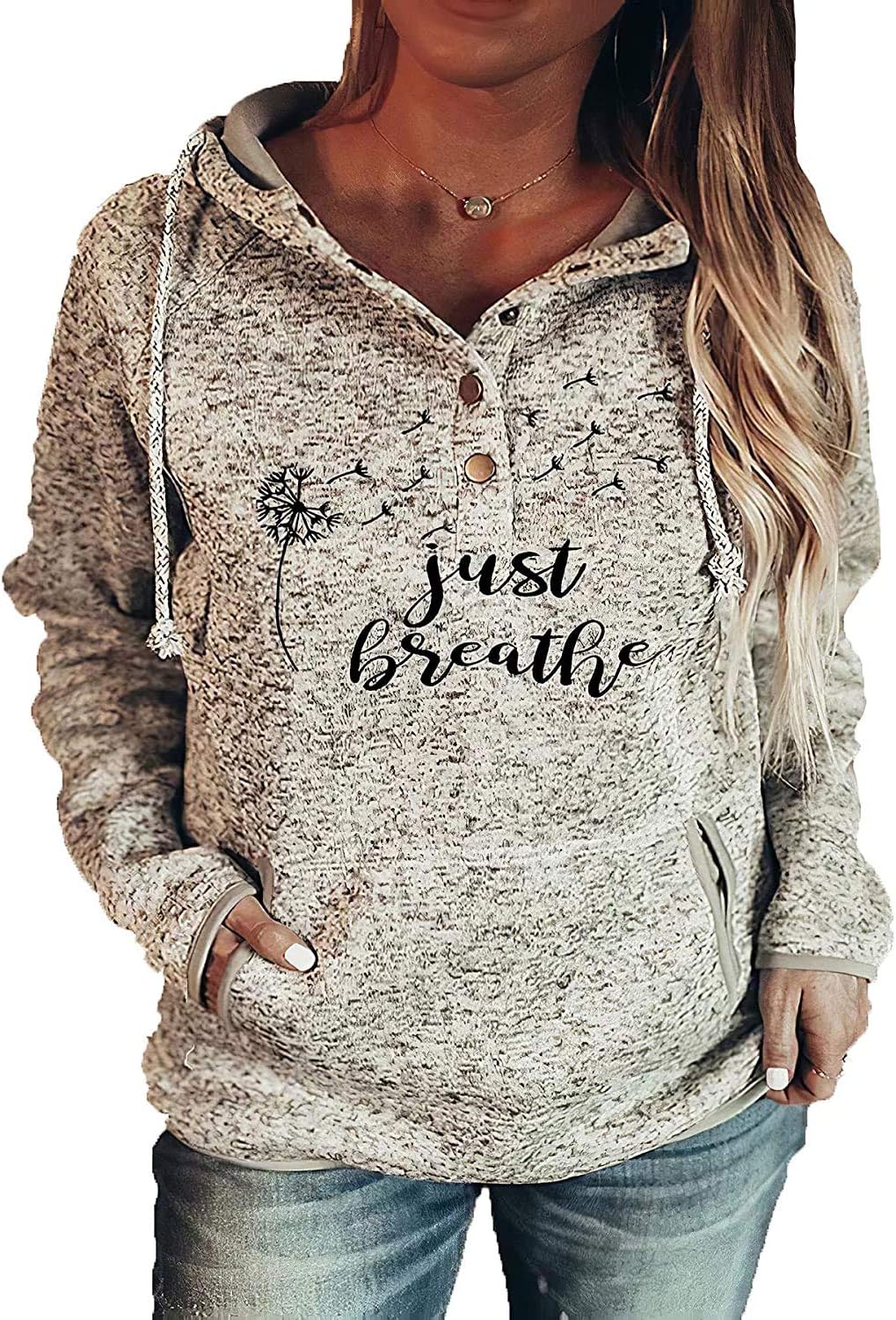 Women's Just Breathe Dandelion Print Hoodie for Women, Long Sleeve Dandelion Print Hooded