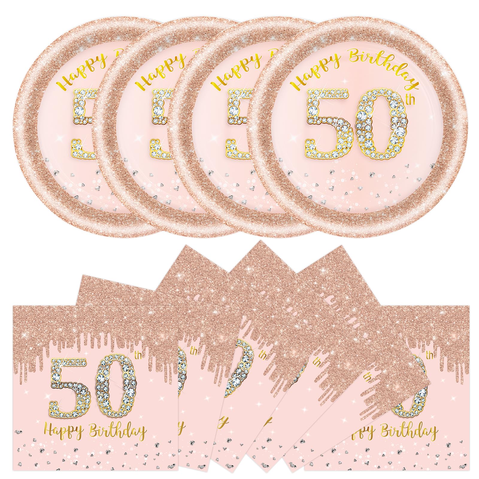 DHAIQC 50 Pcs 50th Birthday Paper Plates and Napkins Party Supplies, 7 Inch Rose Gold 50th Party Plates and Napkins Tableware Set for Women Girl Anniversary 50 th Birthday Decorations (50th)