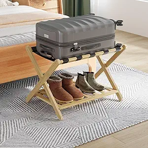 Smuxee Fully Assembled Luggage Rack for Guest Room, Upgraded Bamboo Foldable Suitcase Stand with 5 Nylon Straps, Nature Luggage Holder with Shelf for Bedroom Hotel (Nature Luggage Rack 1pcs)