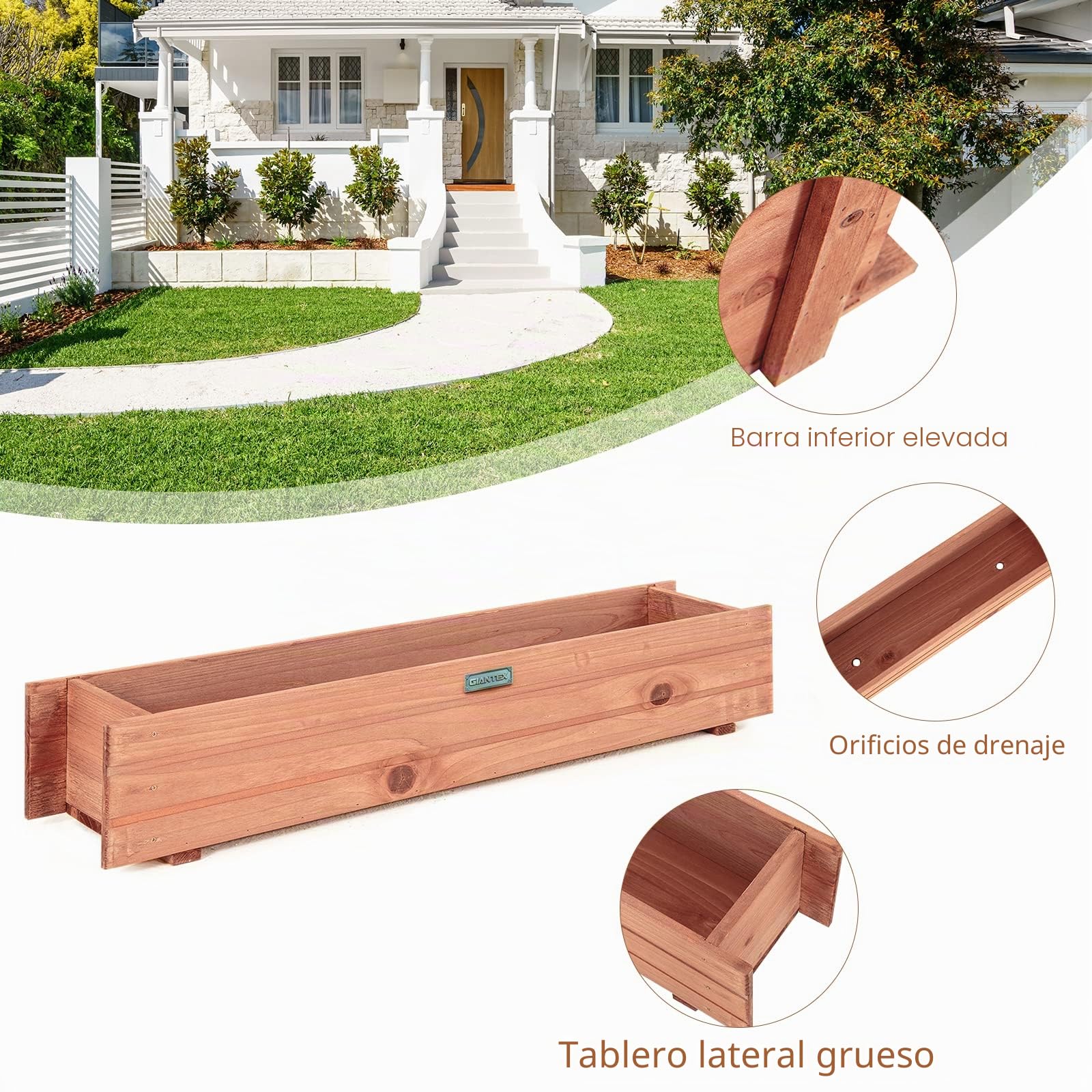 GOPLUS Jardinera de madera, jardinera con 2 agujeros de drenaje, jardinera para jardín y balcón, 91,5 x 18 x 16 cm