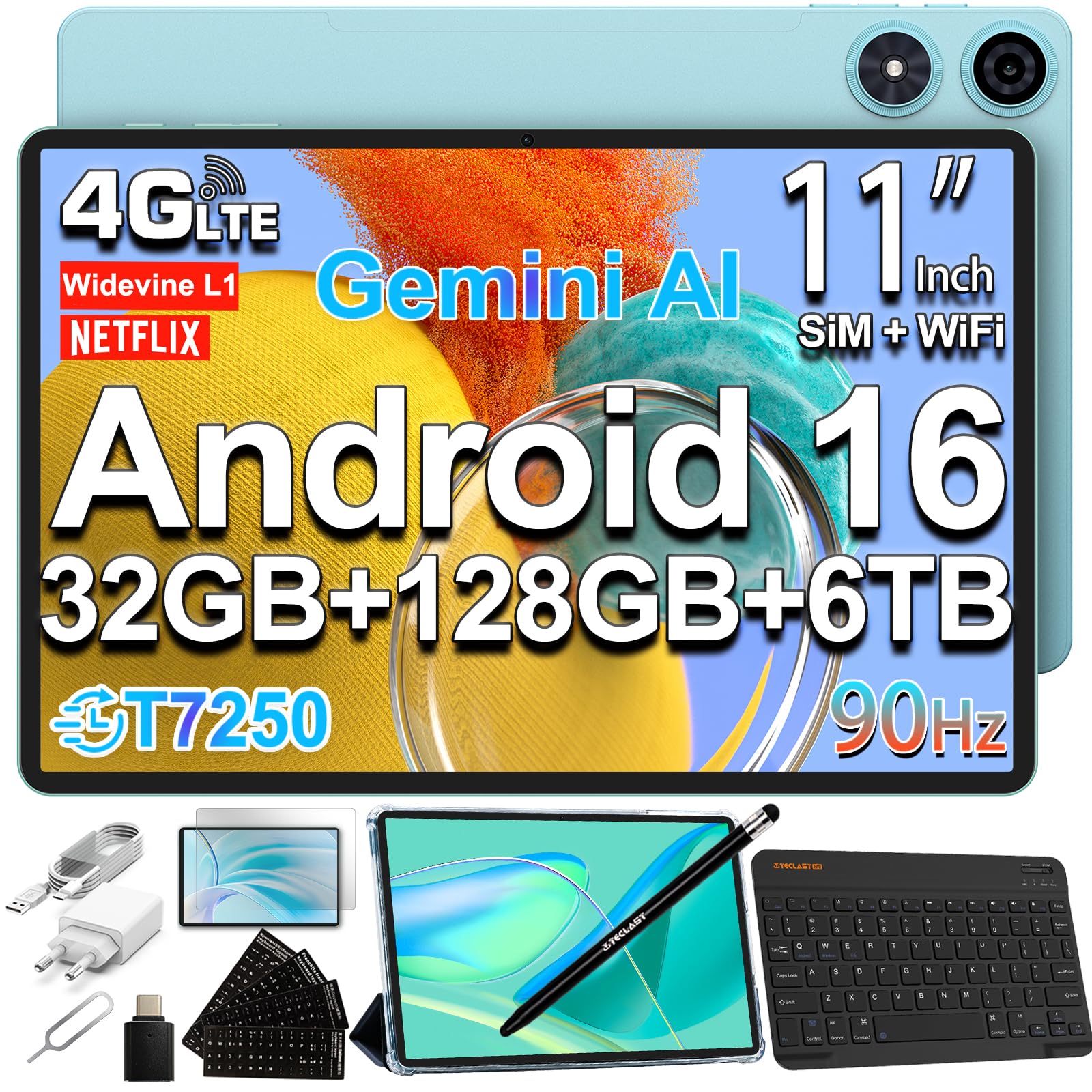 TECLAST P50 Android 16 Tablet 11 Zoll 90Hz Display, 4G LTE Dual SIM, 32GB RAM+128GB ROM(6TB TF), 8000mAh, T7250 Octa Core Gemini AI, 5G WLAN/Widevine L1/13MP/GPS, Tablets mit Tastatur+Stift+Hülle+OTG