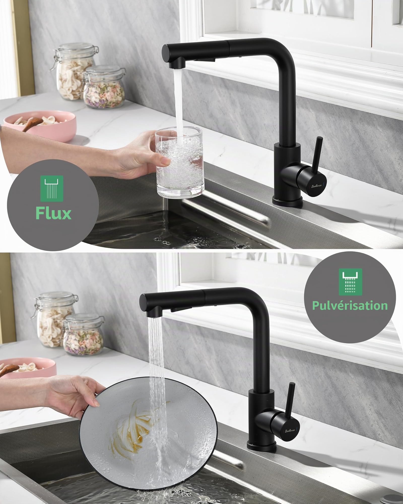 Mitigeur de cuisine extractible Baollansa, acier inoxydable, haute pression, douchette, 2 jets, pivotant 360°