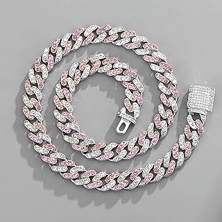 Collar y Pulsera de Hip Hop con Hebilla de Caja de 11 mm, Cadena Cubana para Mujer y Hombre, Color Rosa, 20 cm