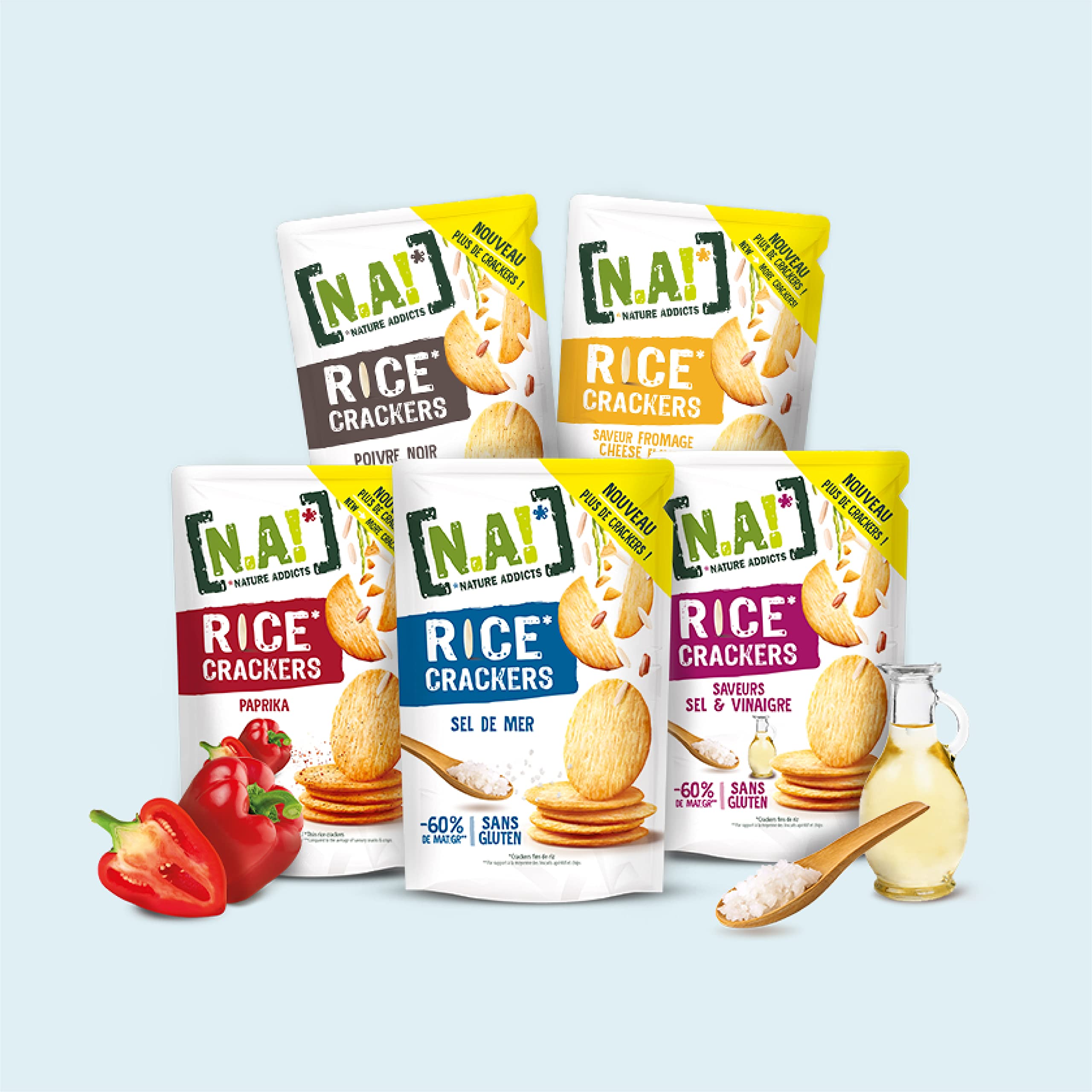 N.A! Nature Addicts - Rice Crackers Sel de Mer - 12 Sachets de 85 gr-Crackers Fins de Riz, Légers et Craquants - 60% de Matières Grasses en Moins que les Biscuits et Chips Apéritifs du Marché -