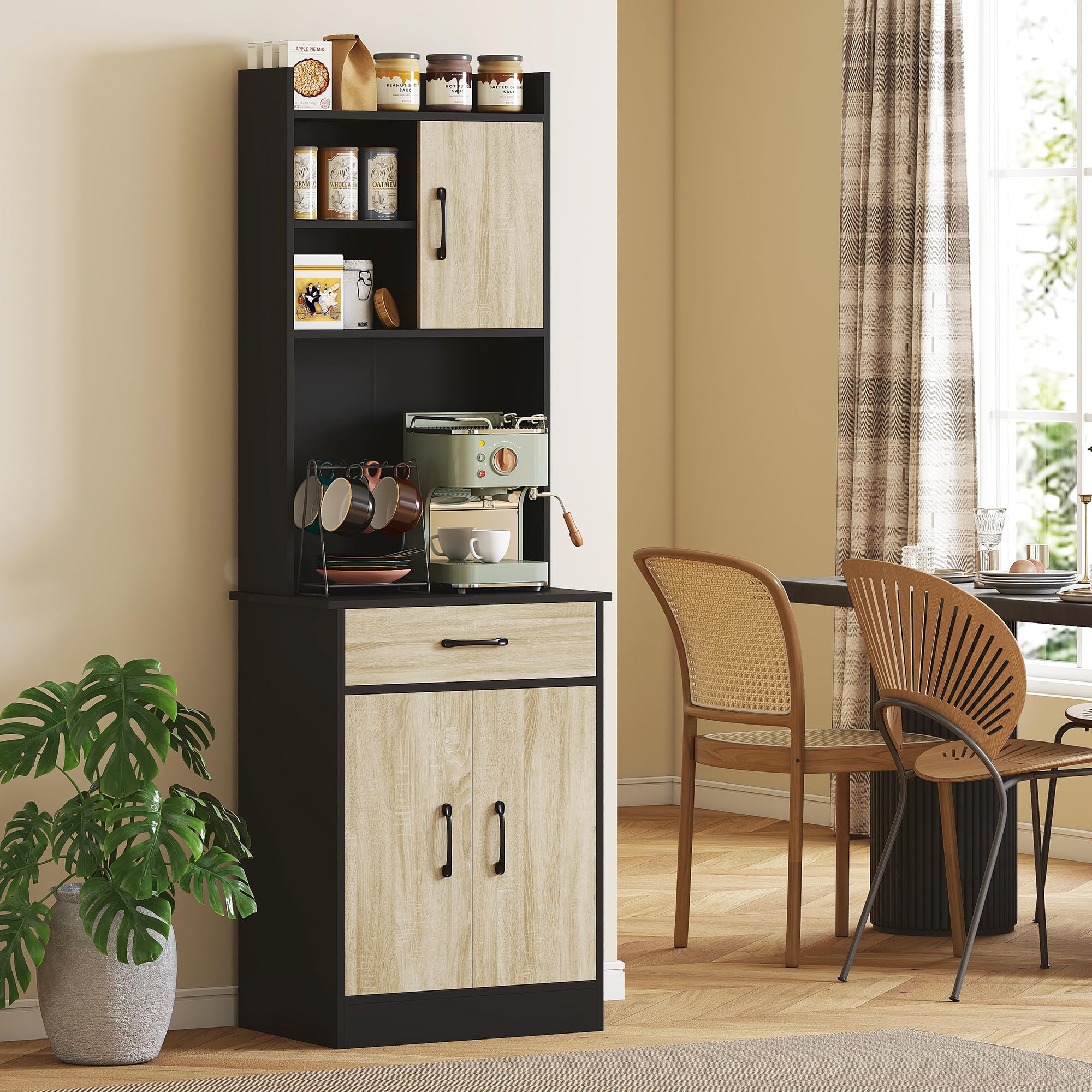 HOMCOM Buffet Haut Cuisine avec Tiroir 60x40x180 cm Effet Bois Naturel | Armoire de Cuisine, Vaisselier 3 Portes, Étagères Ouvertes, Plan de Travail, Meuble de Rangement, Salon, Salle à Manger