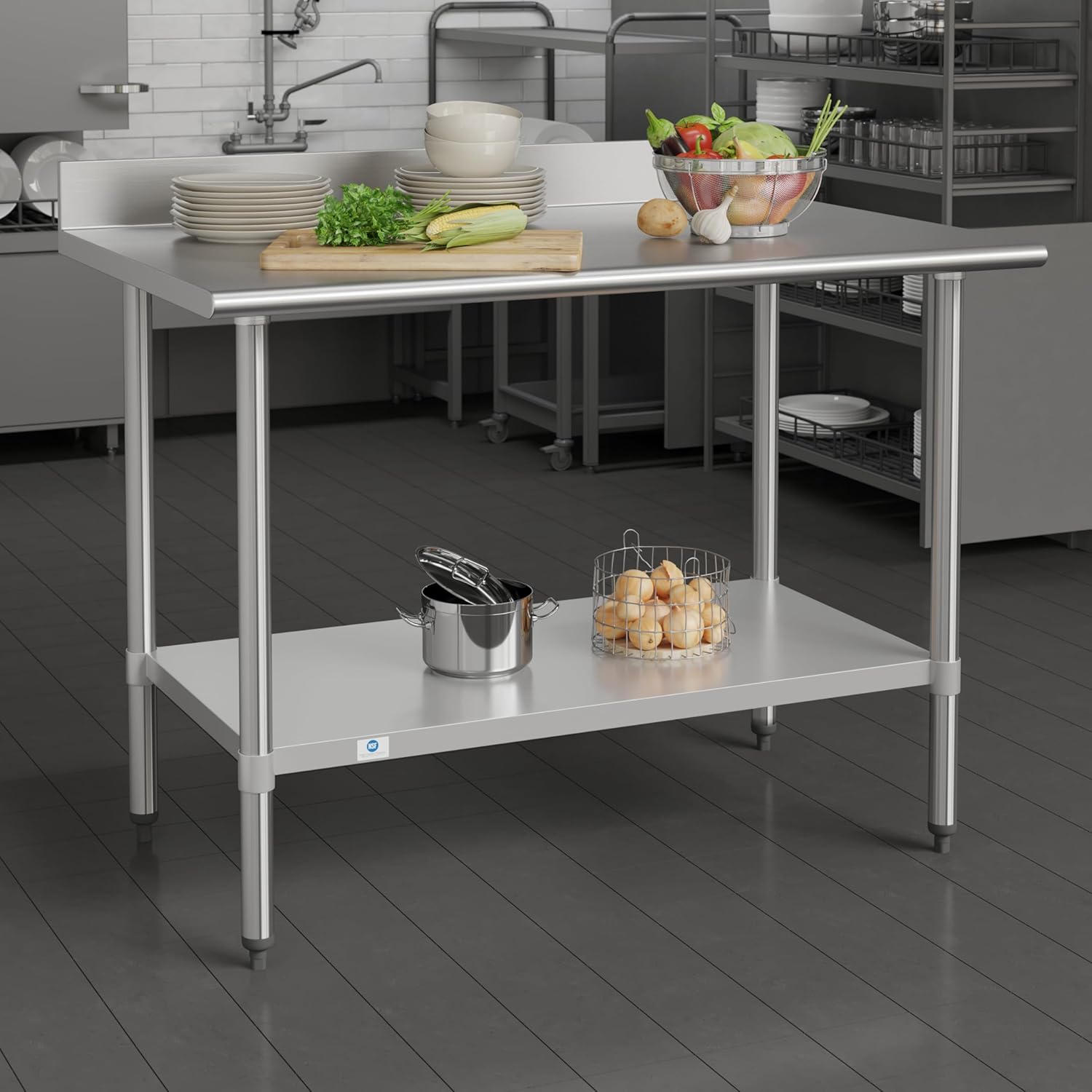 Flash Furniture Reese Commercial Stainless Steel Prep/Work Table for Back Kitchen, 430 Stainless Steel, 18 Gauge, Adjustable Shelf, 4" Backsplash, 30" x 48"