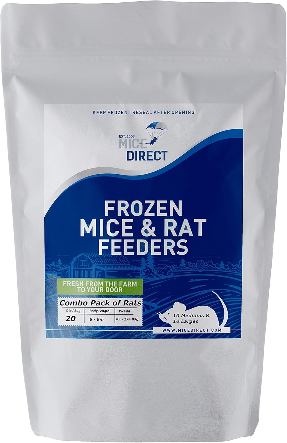 MiceDirect Premium Frozen Rat Combo Pack of 10 Mediums and 10 Large Feeders Snake Food for Juvenile Ball Pythons Monitors Lizards (6-9 in)(2600 Grams Min)(20 Count)