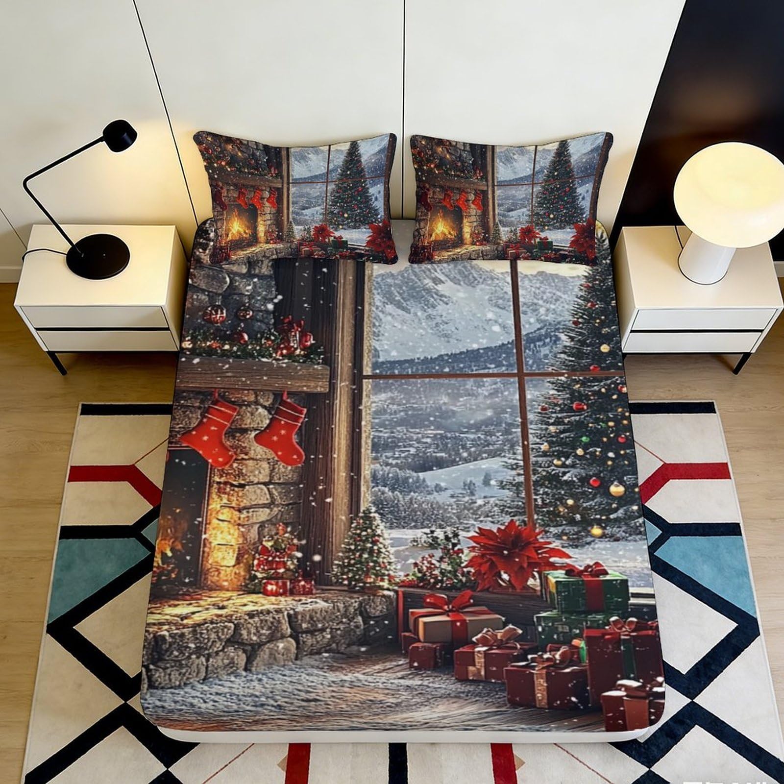 3D Printed Christmas Fireplace Fitted Sheet Microfiber Winter Tree Mattress Cover for Bedroom Guest Room Decor 90x200x25cm