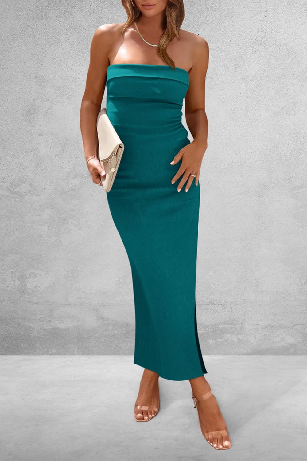 PRETTYGARDEN Women's Summer Bodycon Maxi Tube Dress Ribbed Strapless Side Slit Long Going Out Casual Elegant Party Dresses - Image 6