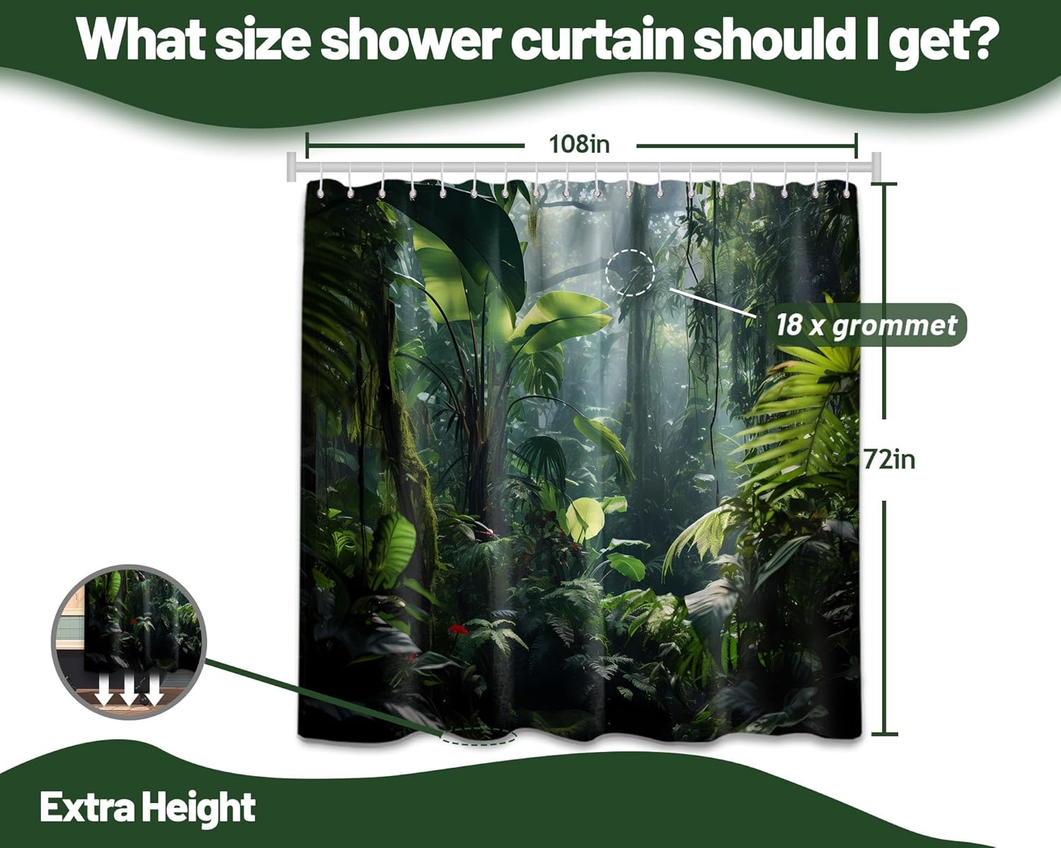 Rainforest Extra Wide Shower Curtain for Clawfoot Tub, 108" W X 72" L, Tropical Green Jungle Plant Scenery Bathroom Decor, Waterproof Cloth Fabric with Hooks