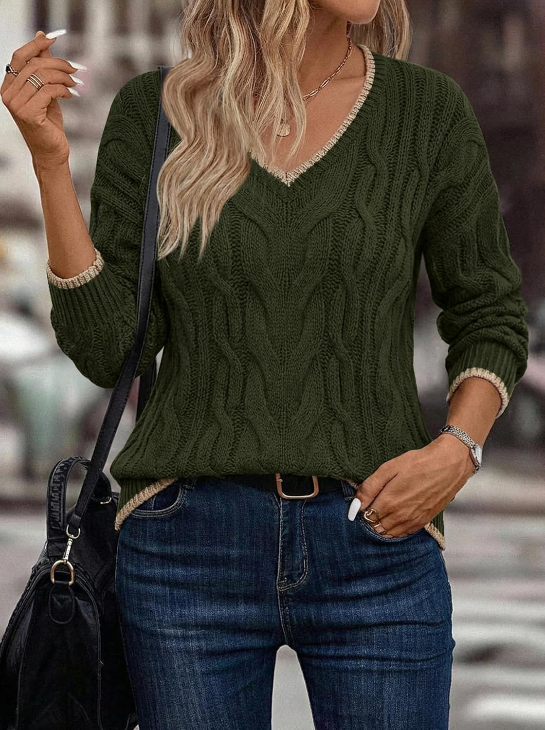 LaGracia Women's Oversized Cable Knit V Neck Sweaters Trendy Color Block Sweater Pullover 2026 - Image 2