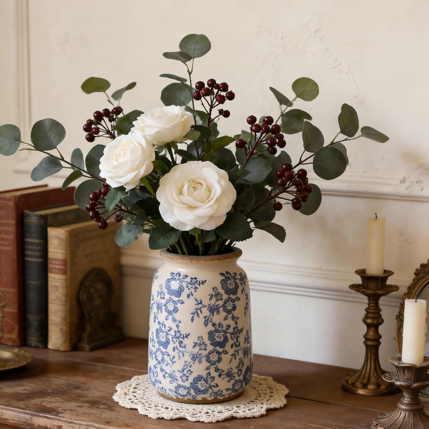 Vintage Blue and White Chinoiserie Ceramic Vase, 6.9” Hand-Painted Peony Floral Design, Antique Style Vases for Home Decor, Centerpieces, Living Room, Balcony (Blue and White) - Image 3