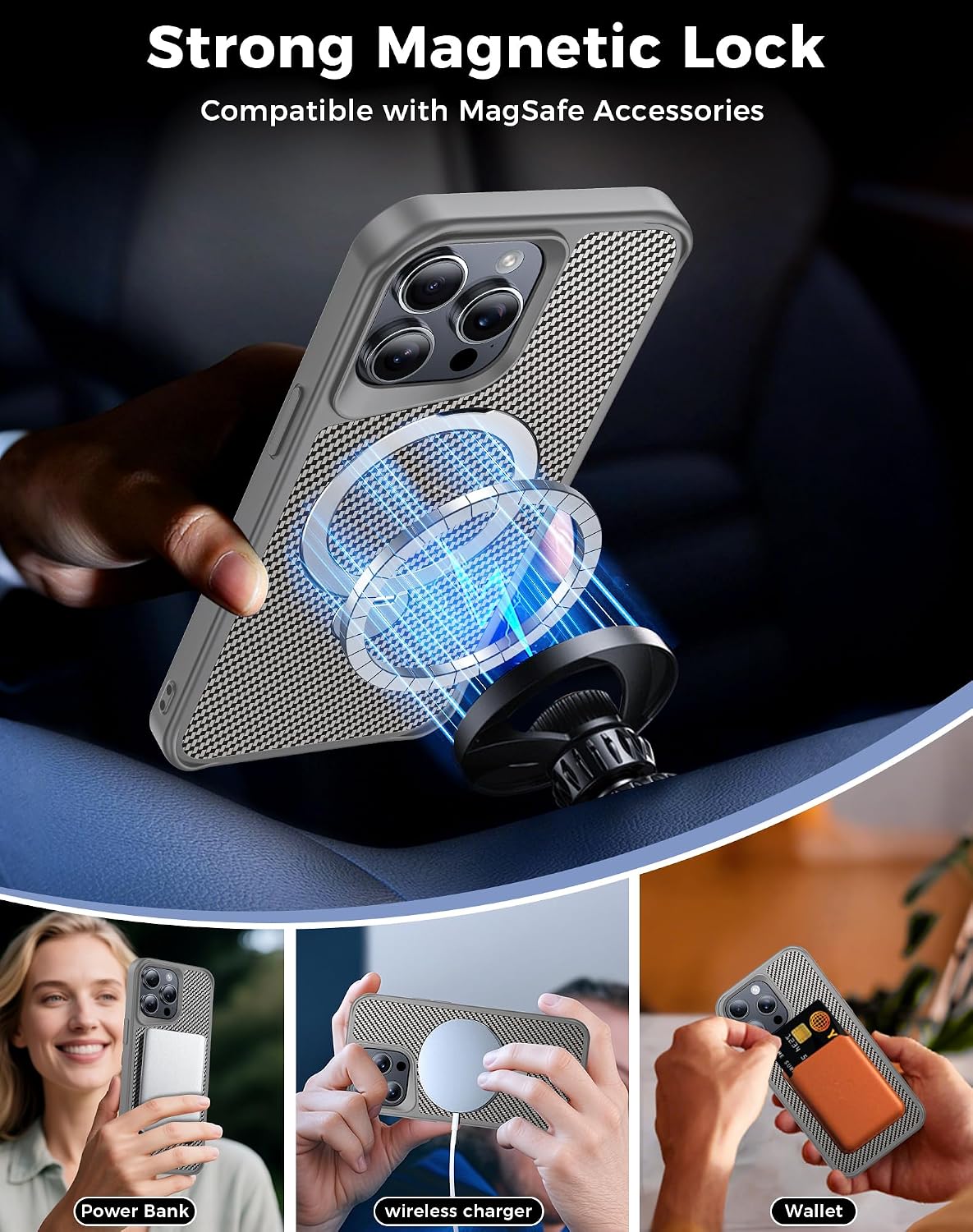 Designed for iPhone 13 Pro Case with 360° Magnetic Stand, Carbon Fiber Phone Case [Compatible with Magsafe] [15FT Military Protection] with Stand Ring 6.1'', Gray thumbnail
