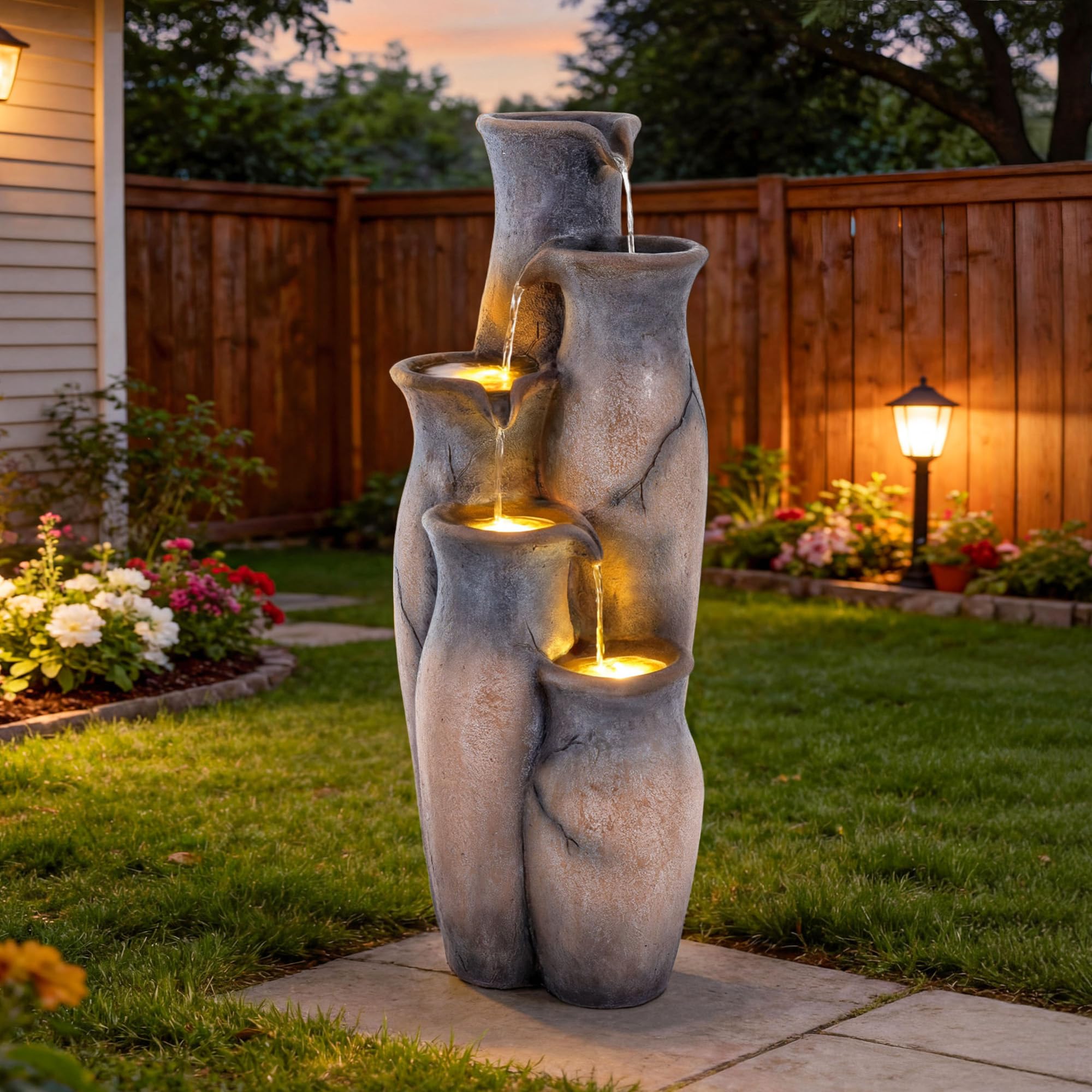 Fontana per acqua esterna di 83 cm di altezza, con illuminazione, 5 livelli, finitura rustica in pietra strappata, cascata in resina con oasis