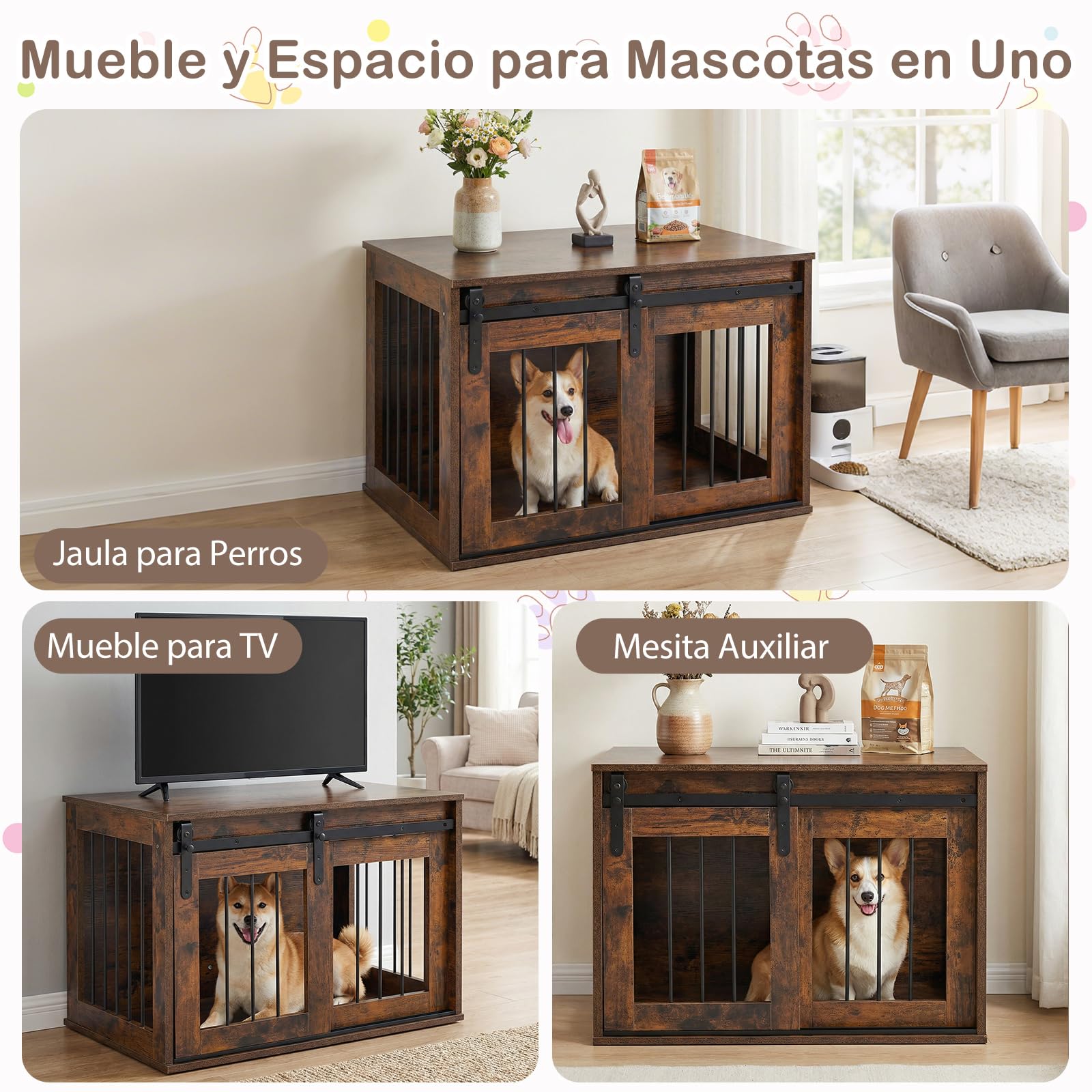 COSTWAY Jaula para Perros, Mueble para Perros con Puerta Corrediza, Mesa Lateral Decorativa, Estructura Metálica, Mueble Jaula de Madera para Mascotas Pequeñas y Medianas, 80 x 54 x 57 cm (Marrón)