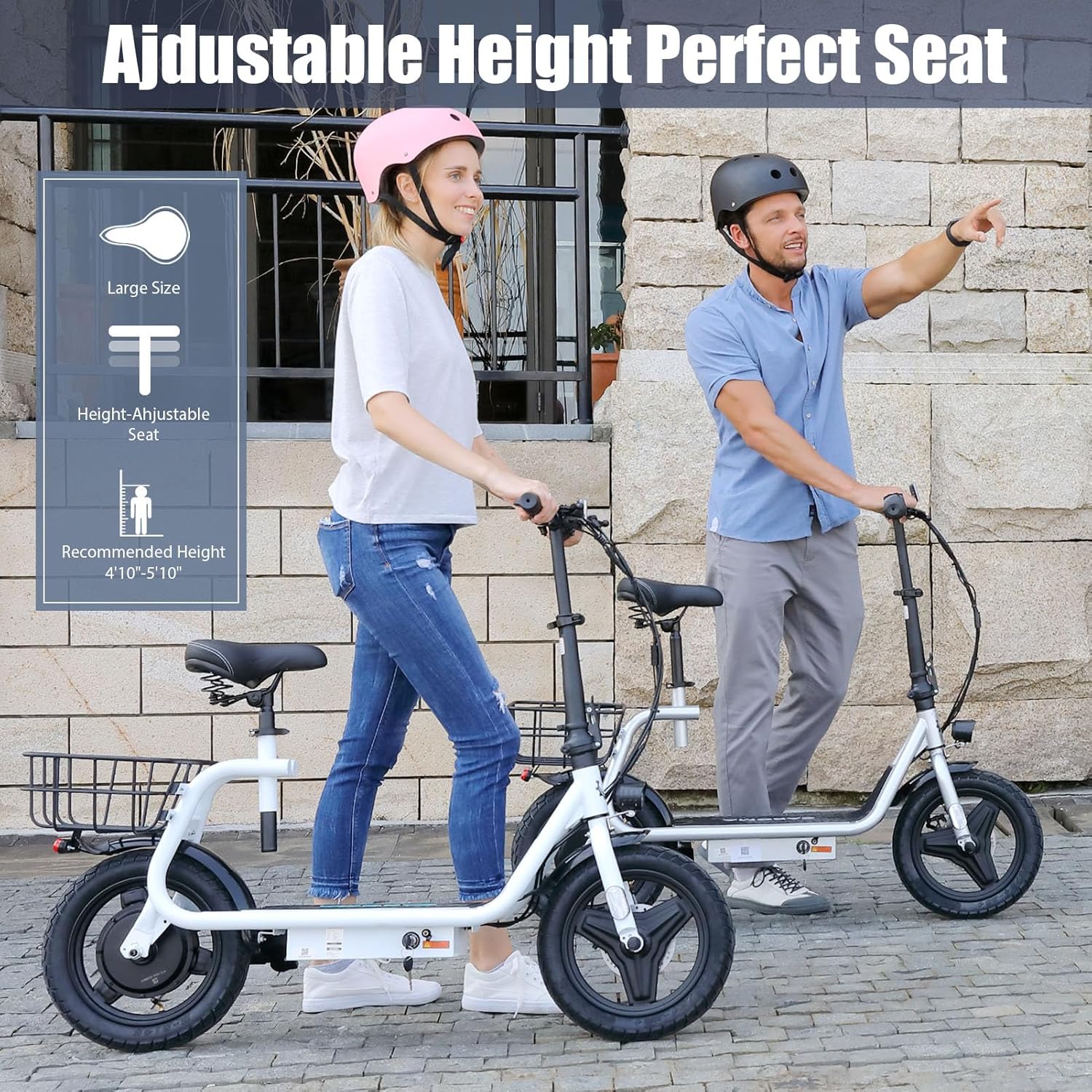 Adjustable seat and rear cargo basket on Caroma Peak Electric Scooter