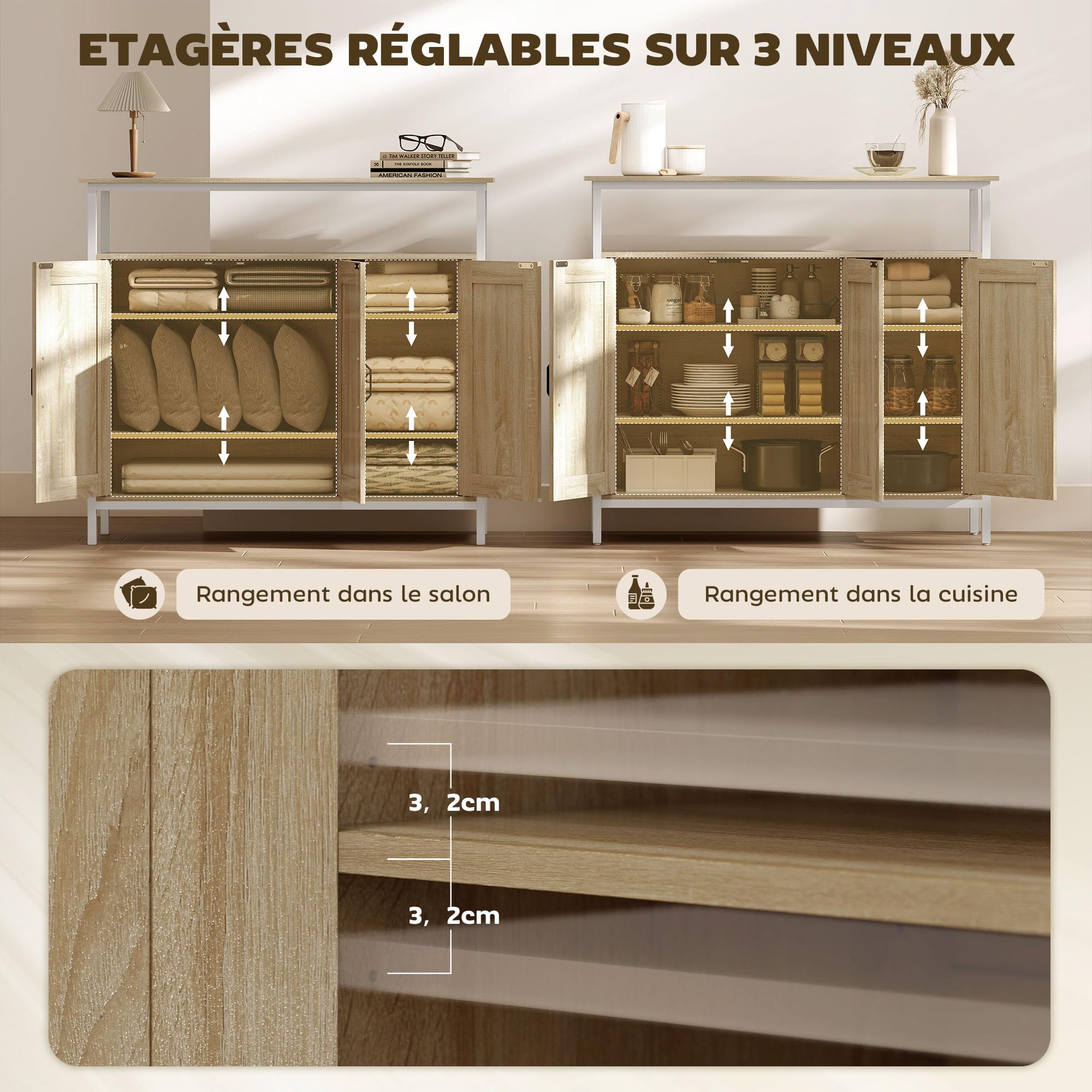 HOMCOM Buffet 3 Portes, Compartiment Ouvert, 100 x 35 x 88 cm, Bois Naturel | Meuble de Rangement, 4 Étagères Réglables, Cadre en Métal, Style Industriel, Salle à Manger, Cuisine, Salon